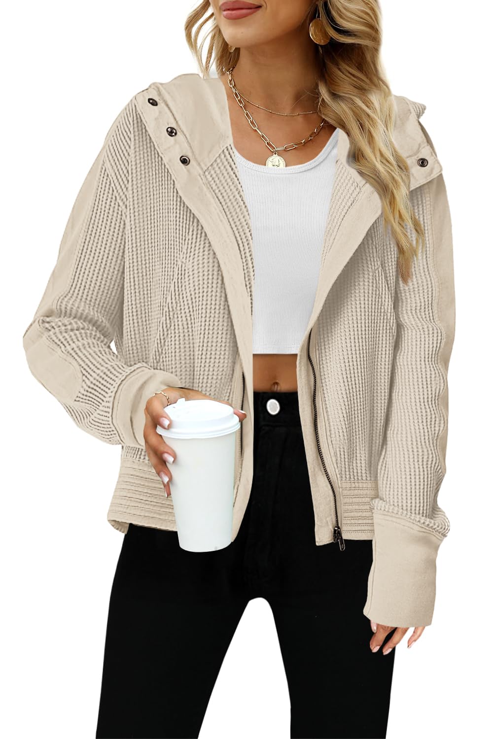 Yanekop Women's Waffle Knit Zip Up Hoodie Jacket - Long Sleeve Cropped Pullover for Fall & Winter | Casual Outfit Essential for Layering, Streetwear & Cozy Loungewear