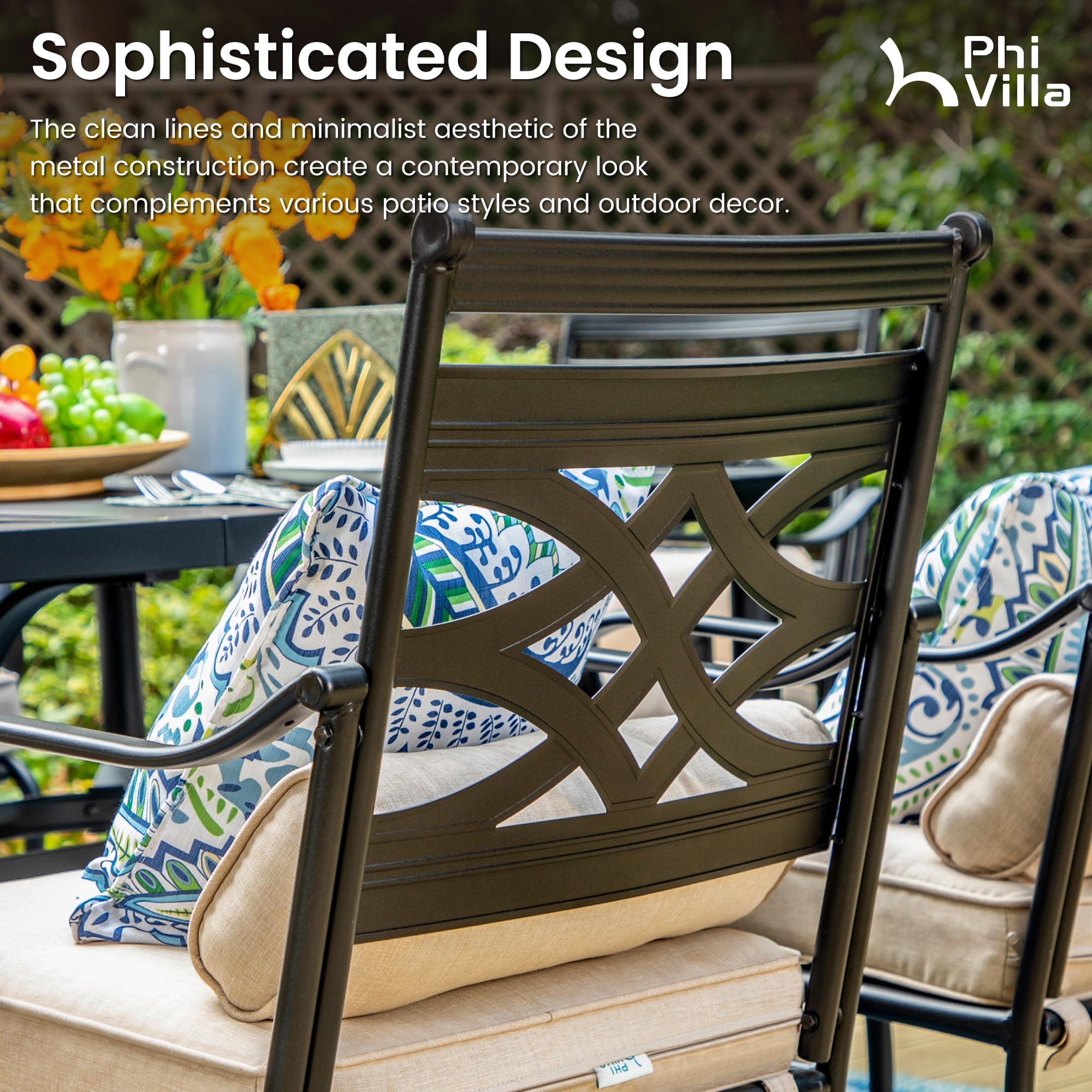 PHI VILLA 7-Piece Outdoor Dining Set for 6 - 37x60 Inch Rectangle Patio Table with Umbrella Hole & 6 Metal Chairs - Durable Garden Furniture for Backyard, Deck, Poolside & Outdoor Entertaining