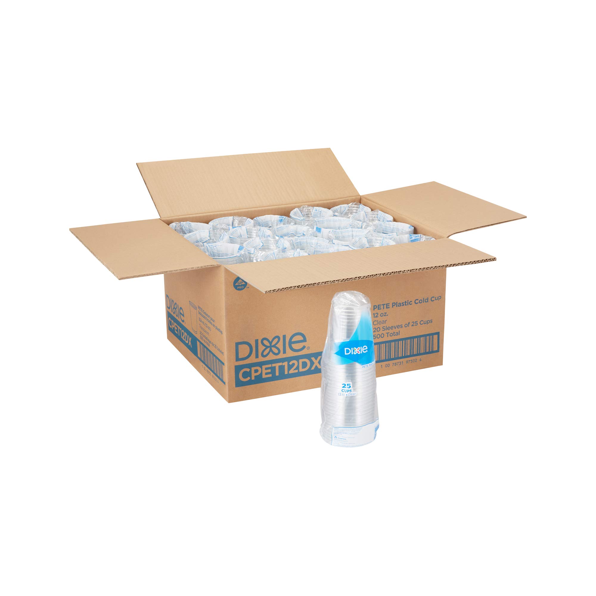 Dixie 12 oz. Clear Plastic Cold Cups - PETE Material by GP PRO (500 Count, 20 Sleeves) | Perfect for Parties, Picnics & Beverage Service | BPA-Free Disposable Drinkware