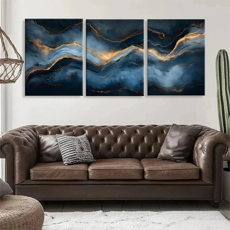 3-Piece Abstract Blue and Gold Marble Wall Art Set - 50x70cm Framed Canvas Prints | High-Quality Australian Made | Ready to Hang | Perfect for Living Room, Bedroom & Office Decor