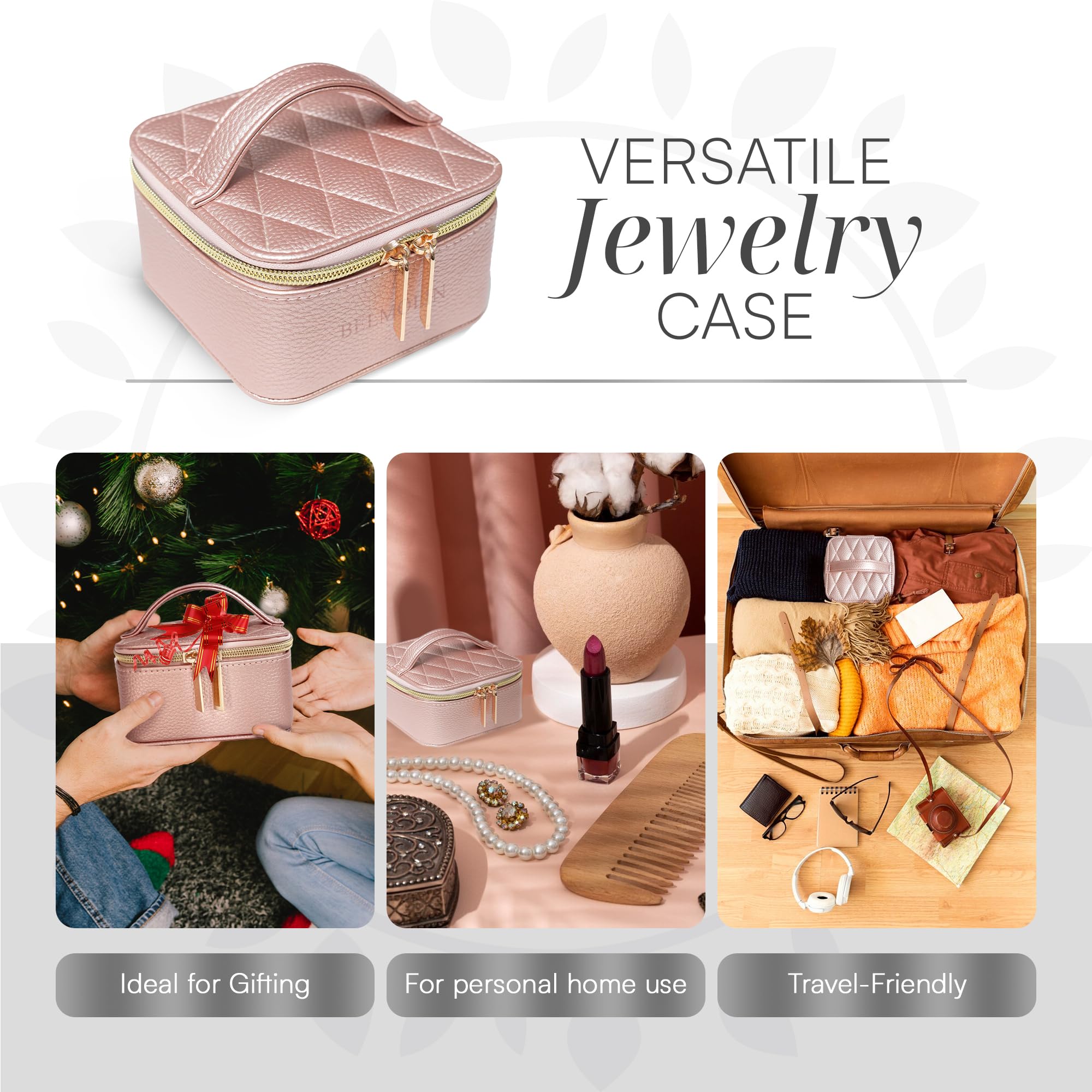 Premium Leather Travel Jewelry Organizer Case - Anti-Tangle Jewelry Storage Box for Women - Portable Jewelry Organizer with Multiple Compartments - Perfect for Vacations, Business Trips & Daily Use (Elegant Pearl Pink)