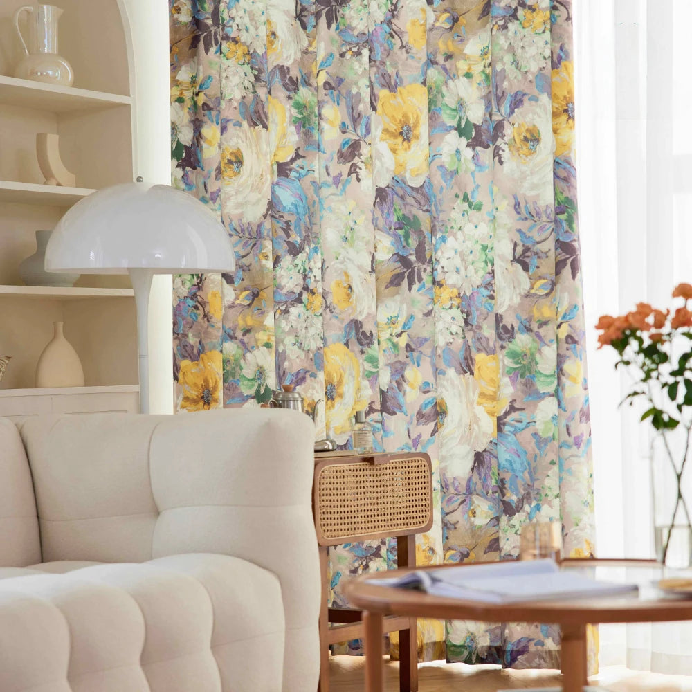 Custom French Botanical Canvas Blackout Curtains for Bedroom & Living Room - Elegant Floral Print Window Treatments for Light Blocking & Privacy