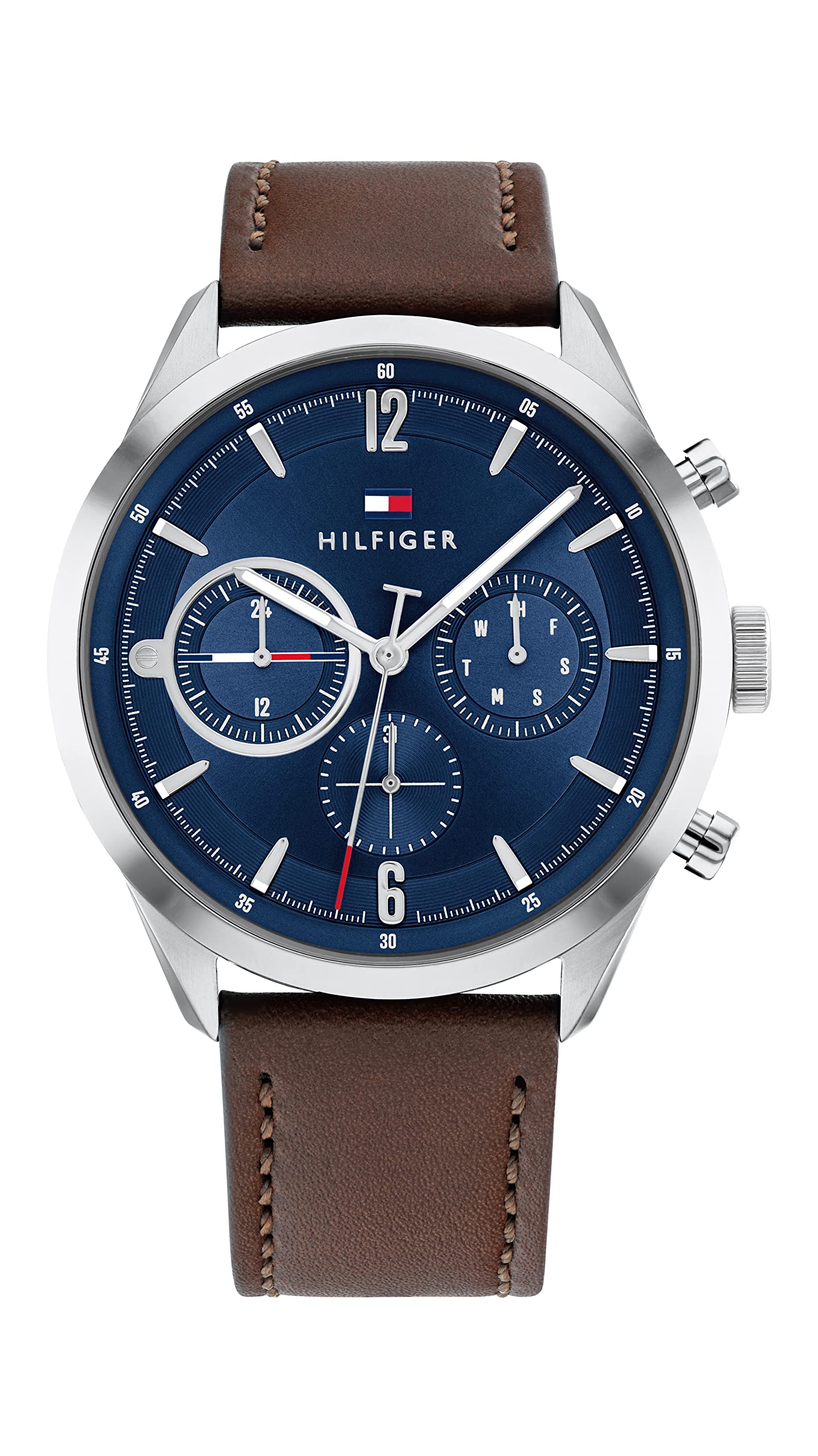 Tommy Hilfiger Men's Brown Leather Strap Stainless Steel Watch - Water Resistant, Date Display, Chronograph (Model 1791940) - Perfect for Business, Casual Wear & Gift Giving