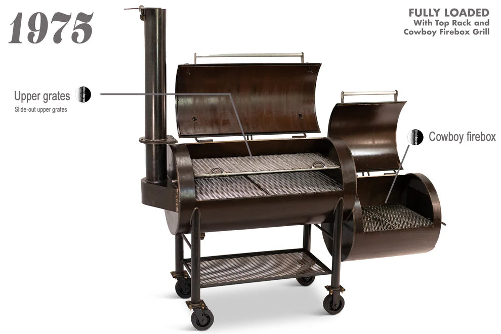 Workhorse Pits 1975 BBQ Smoker Grill with Upper Rack, Cowboy Firebox & Black Wagon Body - Perfect for Backyard Grilling, Camping & Outdoor Cooking