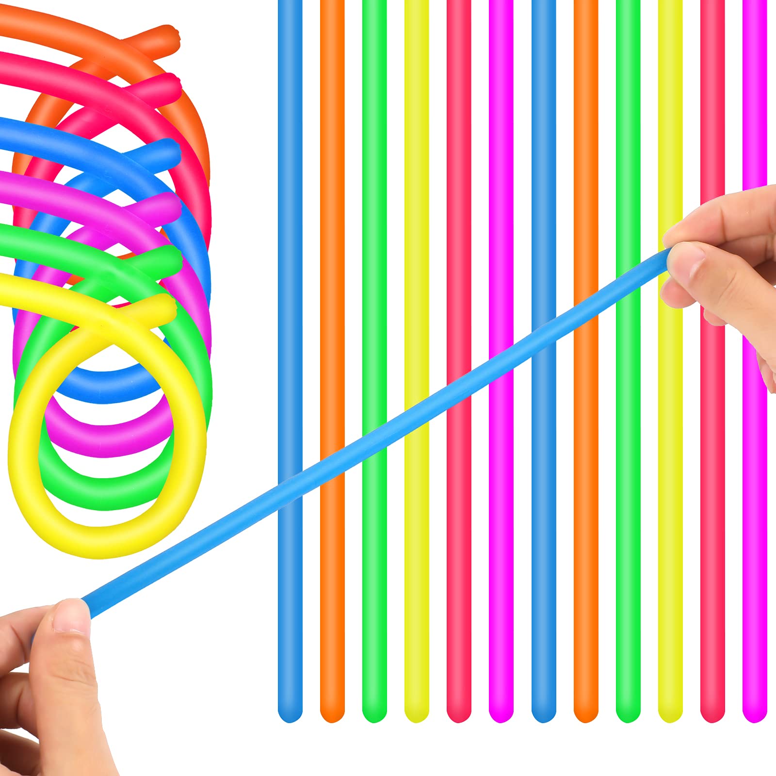 Stretchy Monkey Noodle Fidget Toys - 24 Pack Colorful Elastic Sensory Strings for Stress Relief, ADHD & Anxiety - Perfect for Birthday Party Favors, Classroom Rewards, Carnival Prizes & Treasure Box Fillers (Classic Style) - Great for Kids, Teens & Adults in School, Office or Home Use