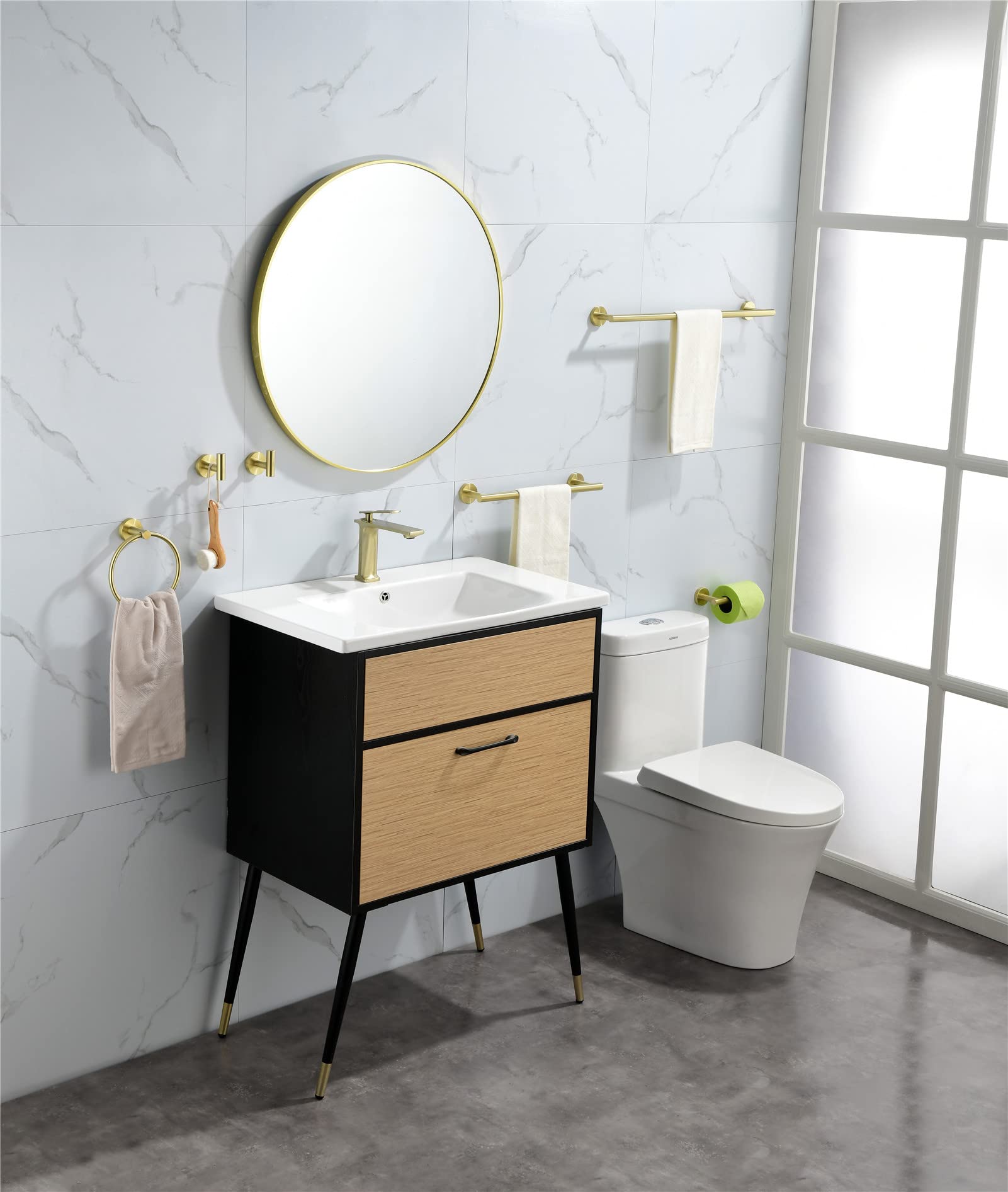 6-Piece Bathroom Hardware Set - SUS304 Stainless Steel Wall Mounted Towel Bar, Toilet Paper Holder & Robe Hooks - Modern Gold Bathroom Accessories Kit for Home, Hotel & Spa Decor