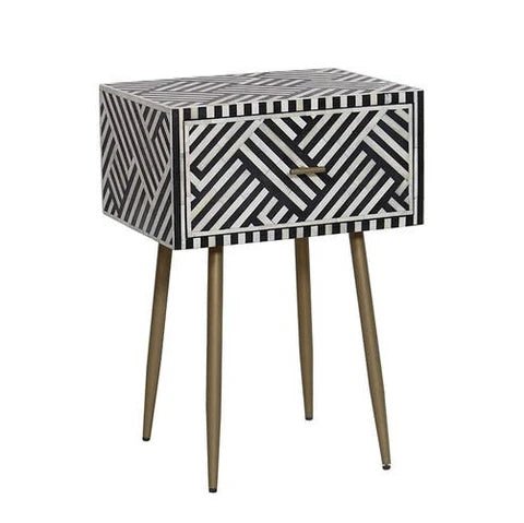 Handmade Black Bone Inlay Zebra Design Nightstand with One Drawer - Perfect for Bedroom, Guest Room, or Nursery Decor