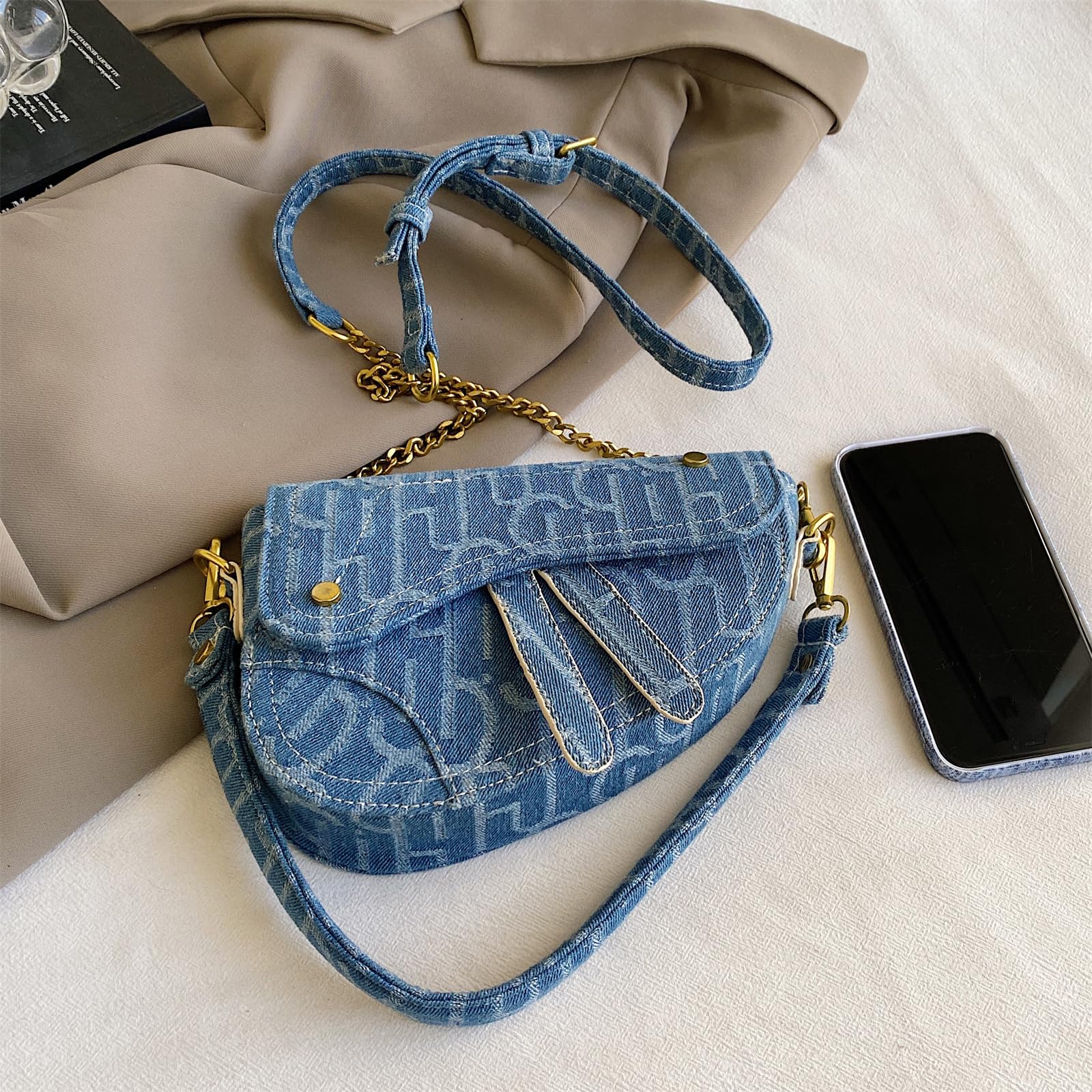 Trendy Denim Saddle Bag Clutch Purse for Women - Crossbody Shoulder Handbag & Satchel Bag | Perfect for Casual Outings, Date Nights, and Everyday Use