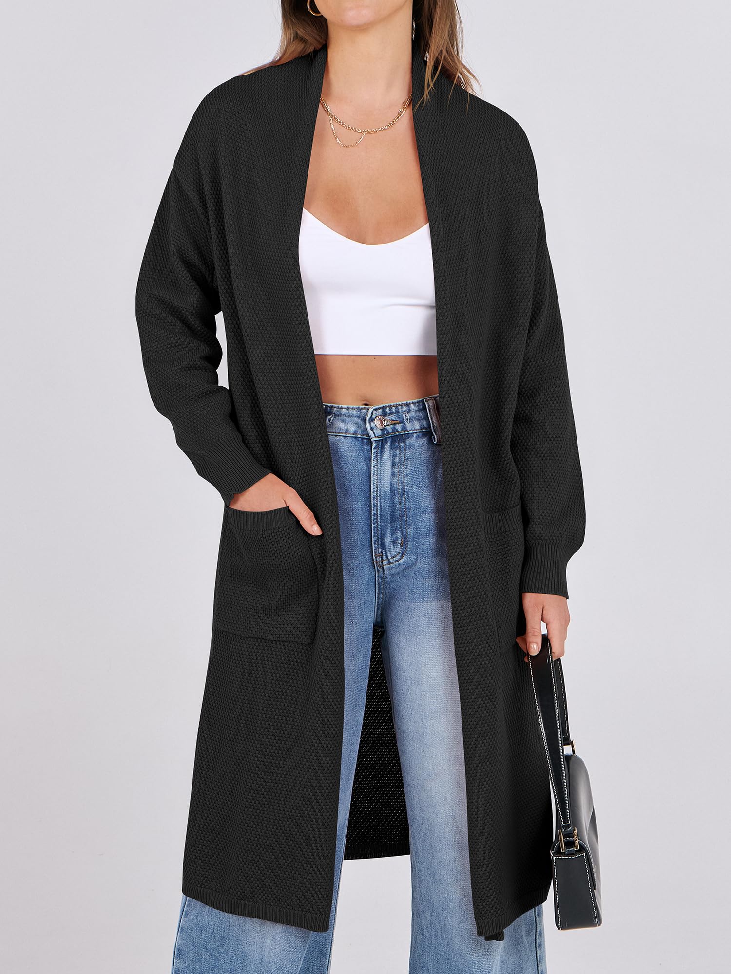 ANRABESS Women's Long Cardigan Sweater - Open Front Long Sleeve Slouchy Oversized Coat, Chunky Knit Waffle Coatigan for Fall 2024 | Perfect for Layering, Office Wear & Casual Outfits