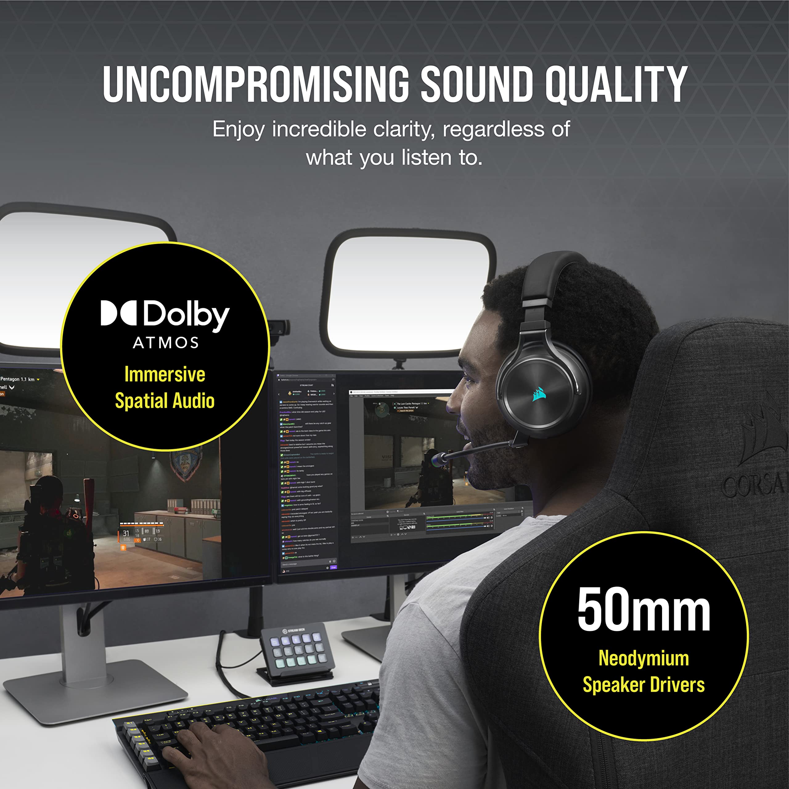 CORSAIR VIRTUOSO RGB WIRELESS XT Gaming Headset with Bluetooth, Dolby Atmos & Broadcast Mic - Multiplatform (PC, Mac, PS5, PS4, Nintendo Switch, Mobile) - iCUE Compatible - Black - Perfect for Gaming, Streaming & Remote Work