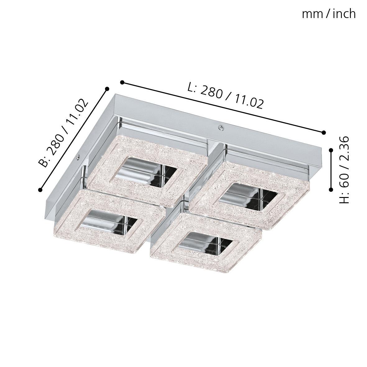 Eglo Fradelo 4-Light LED Square Flush Mount Ceiling Light - Chrome & Glass Crystal Fixture for Bedroom, Kitchen, Dining Room, or Hallway Lighting