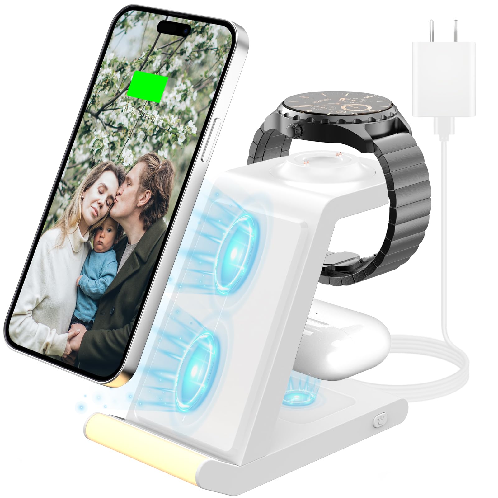 HATALKIN 3-in-1 Wireless Charging Station for Fossil Watch Gen 6/5/5E/4 - Compatible with iPhone 15/14/13/12/11, AirPods & Pixel/Galaxy - Fast Charging Stand for Bedside, Office & Travel