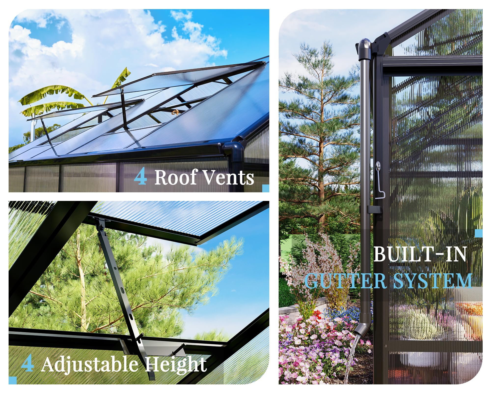 Jocisland 7.5x11.2x7.4 FT Walk-in Greenhouse - Durable Aluminum Frame & Polycarbonate Panels with Ventilation Windows & Rain Gutter System, 2 Swing Doors with Hooks - Perfect for Outdoor Gardening, Backyard Plant Nursery & Year-Round Growing