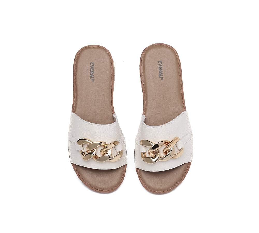 EVERAU® Women's Genuine Leather Metal Accent Ultra Soft Flat Slides - Comfortable Casual Sandals for Home, Beach & Outdoor Wear