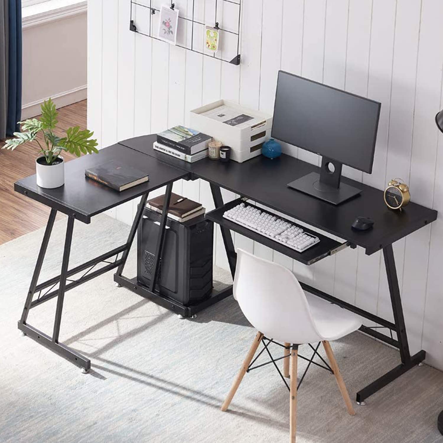L-Shaped Computer Desk with CPU Stand, Home Office Gaming Desk, Writing Table with Interchangeable Switch Board, PC Laptop Table with Keyboard Tray, Round Corner (Jet Black) - Perfect for Small Spaces and Multi-Monitor Setups