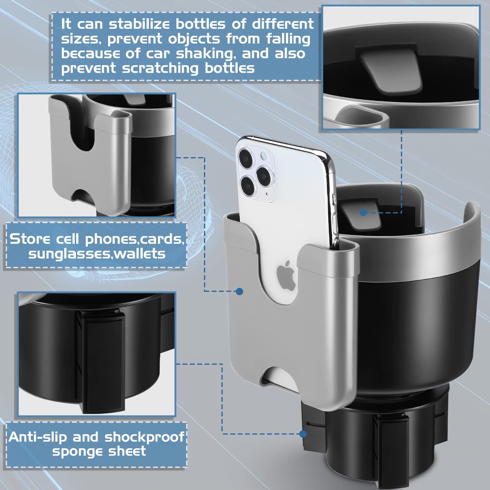 2-in-1 Multifunctional Car Cup Holder Expander with Phone Stand - Universal Car Accessories for Auto & Motorcycle (Gray/Black) - Perfect for Road Trips, Commuting & Travel Organization