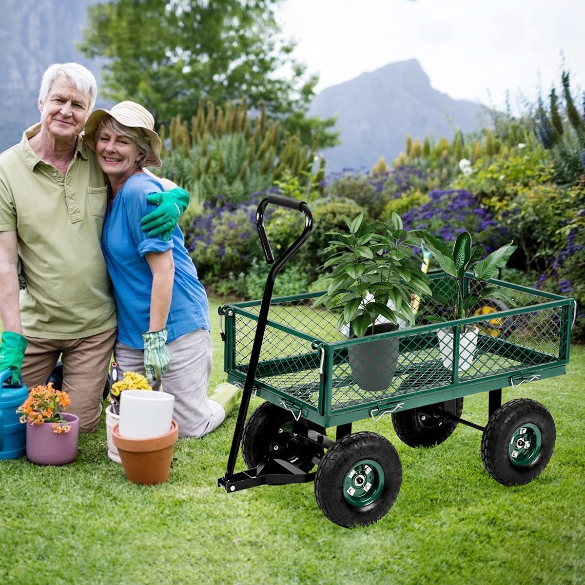 Heavy Duty Folding Garden Cart with Mesh Steel Frame & 11