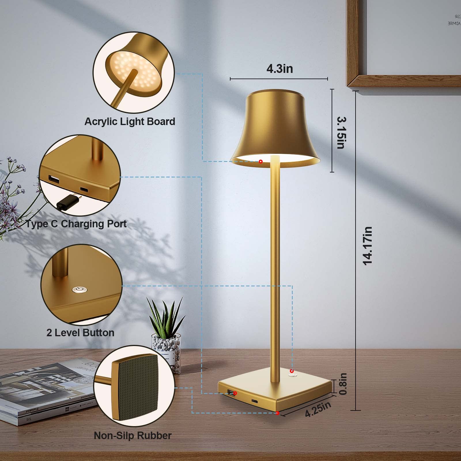 Rechargeable LED Desk Lamp with 3 Brightness Levels - Cordless Battery Powered Table Light for Reading, Study, Office & Dining - Portable for Outdoor, Patio & Restaurant Use - Set of 2 Bronze Lamps