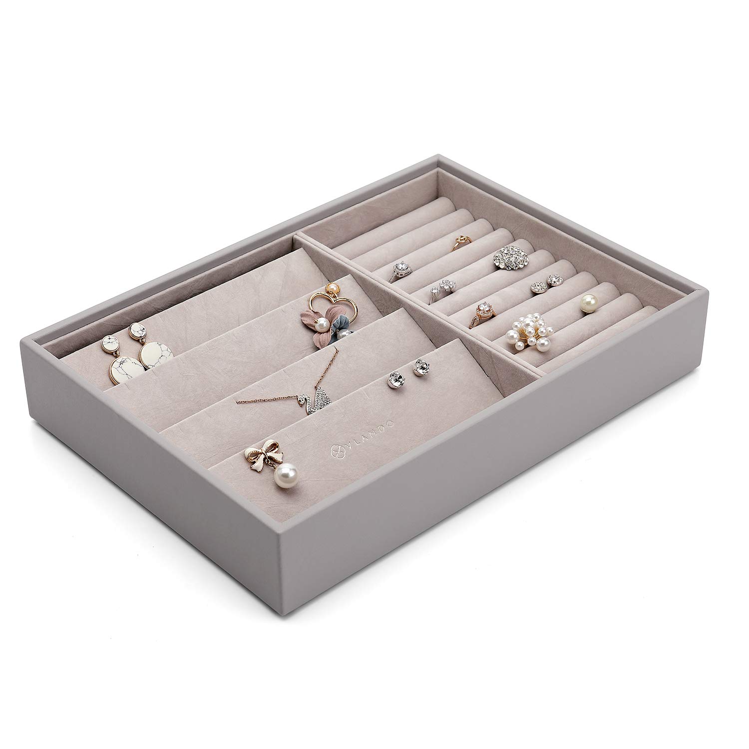 Vlando Jewelry Tray - 4-Layer Faux Leather Jewelry Organizer with Lid for Earrings, Necklaces, Bracelets & Rings - Desktop & Drawer Storage Solution for Women's Accessories - Perfect for Bedroom Vanity, Dresser Top or Travel Jewelry Case (Grey)