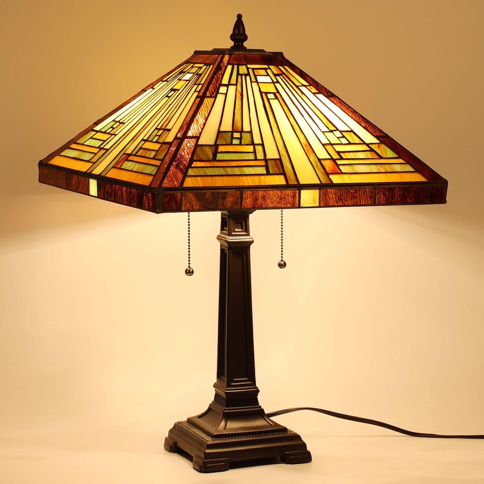 16 Inch Tiffany Style Stained Glass Lamp Shade - Amber Brown Mission Square Design for Table & Floor Lamps | Perfect Replacement Shade for Living Room, Bedroom, or Office Decor