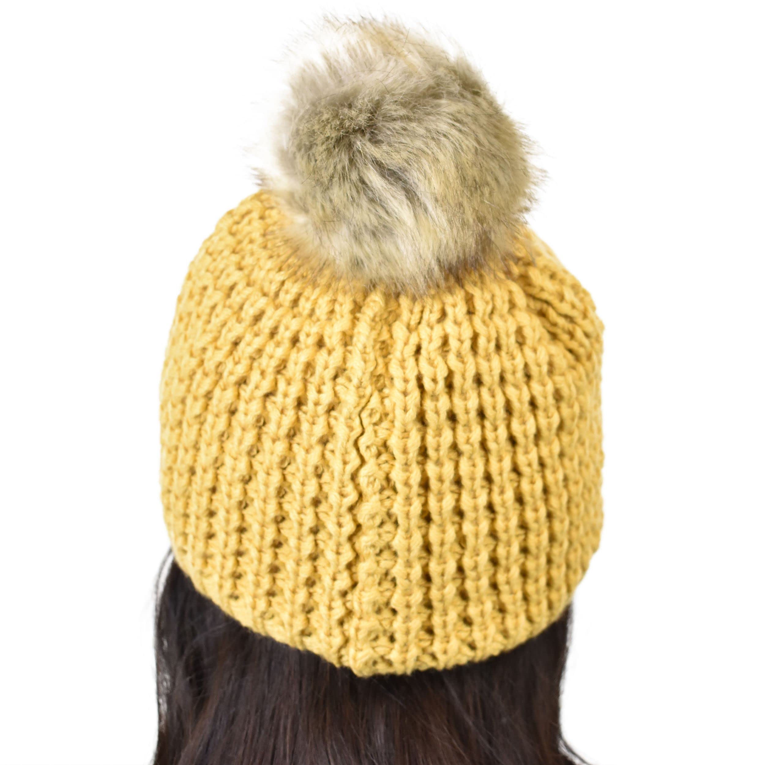 C.C Thick Waffle Knit Fleece Lined Faux Fur Pom Beanie Hat for Women - Winter Warm Fuzzy Knit Hat for Cold Weather, Outdoor Activities & Fashion Accessories