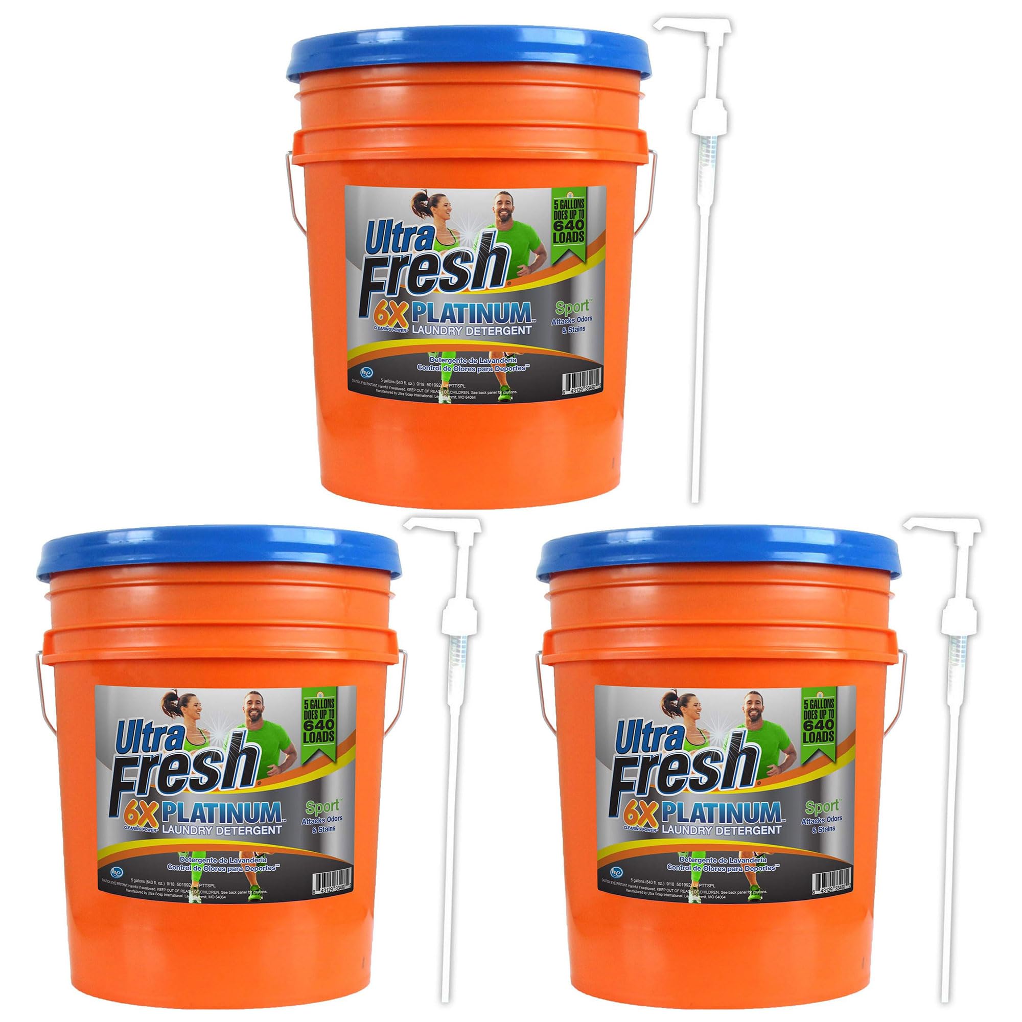 Platinum Sport 5 Gallon 6X Concentrated Laundry Detergent - 640 Loads, HE & Standard Machine Safe with Pump (3 Pack) - Ideal for Gym Clothes, Sports Uniforms & Heavy-Duty Laundry