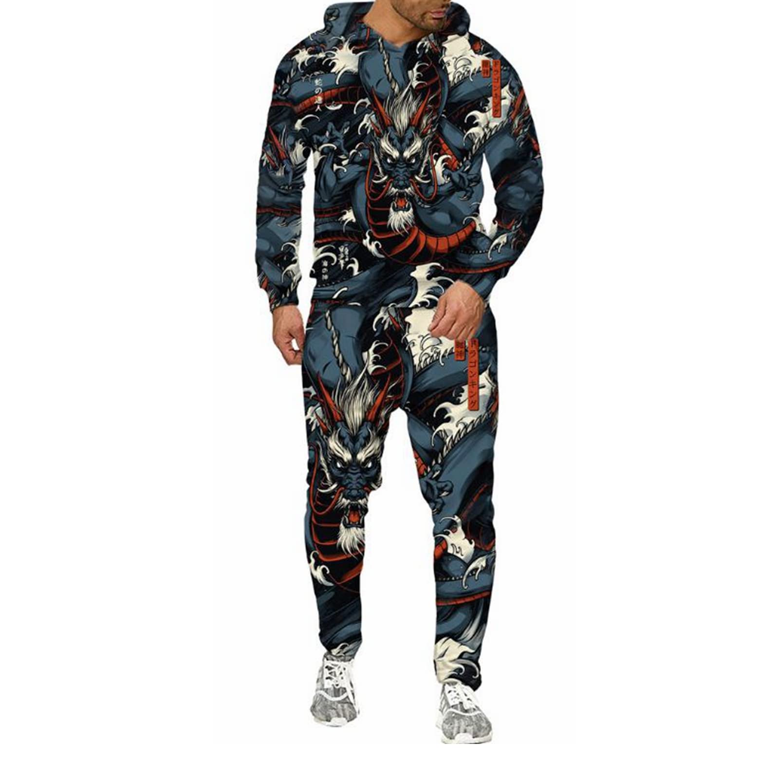 3D Dragon Printed Men's Hooded Sweatshirt Set - Japanese Style Zip-Up Tracksuit for Men | Casual Streetwear, Anime Fashion, Cosplay Outfit