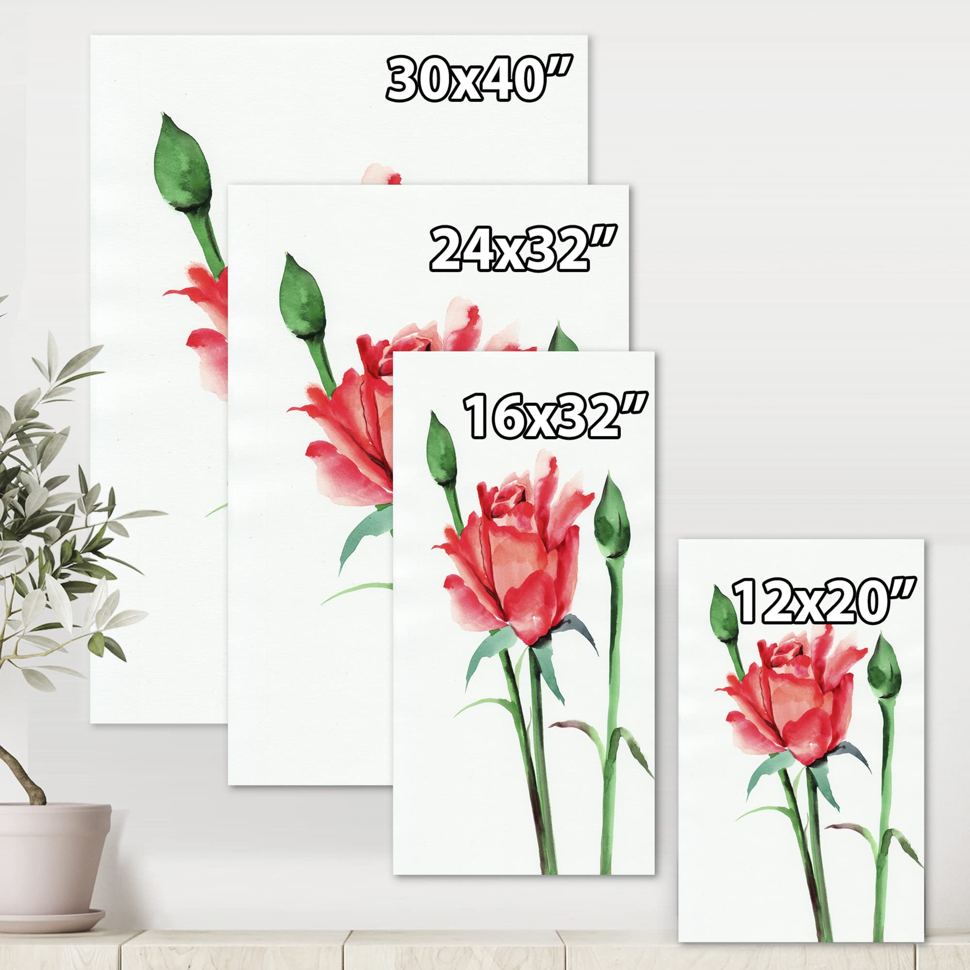 DesignQ Red Rose With Buds Traditional Canvas Wall Art - Hand Painted Floral Home Decor for Living Room, Bedroom & Office - Perfect Gift for Housewarming & Wedding