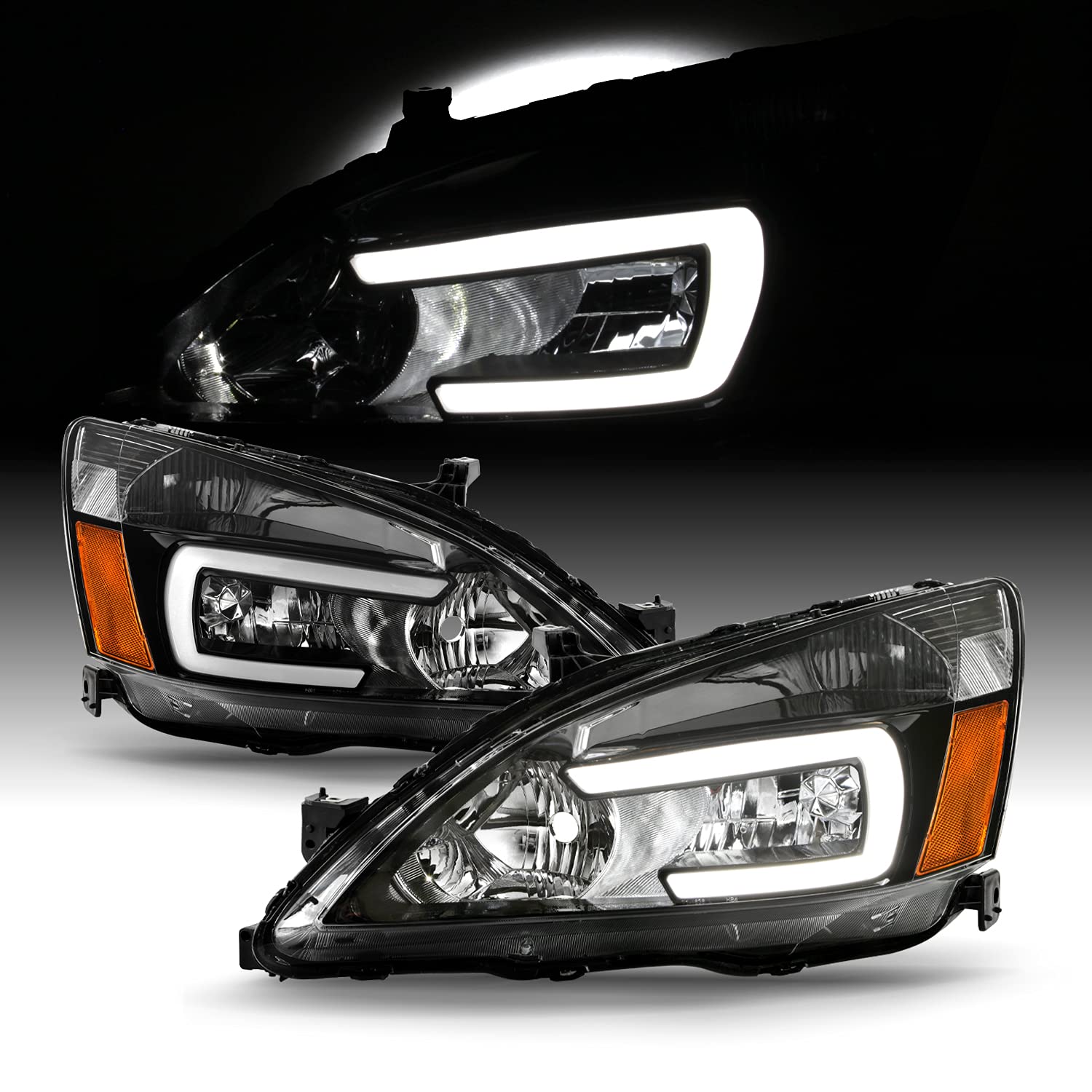 AKKON LED Tube DRL Parking Lights - Compatible with 2003-2007 Honda Accord (Halogen Type, Black) - Driver & Passenger Side Replacement Headlights - Upgrade Your Car's Style & Visibility for Daytime & Night Driving