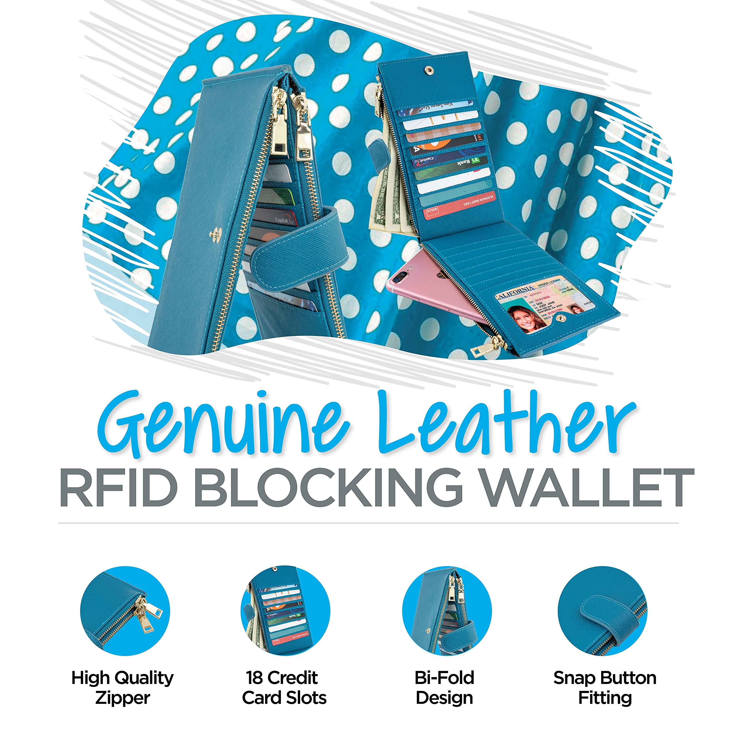 RFID Blocking Wallet for Women - Genuine Leather Bifold Wallet with Zipper Pocket | Secure Credit Card Holder | Perfect for Travel, Shopping & Everyday Use (Teal)