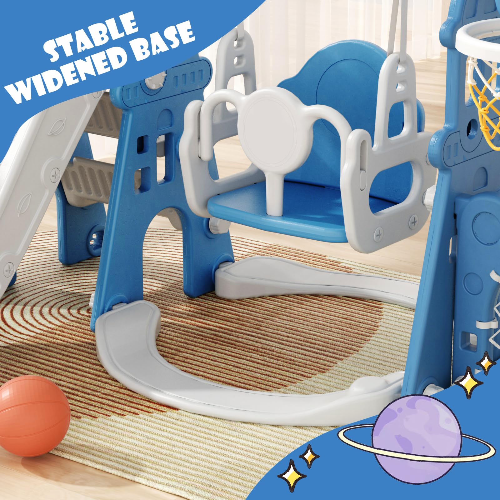 XJD 6-in-1 Toddler Slide and Swing Set for Kids Ages 1-3 - Outdoor Indoor Playground with Basketball Hoop, Football Frame & Swing - Blue | Perfect for Backyard, Garden, Nursery & Daycare Play Areas