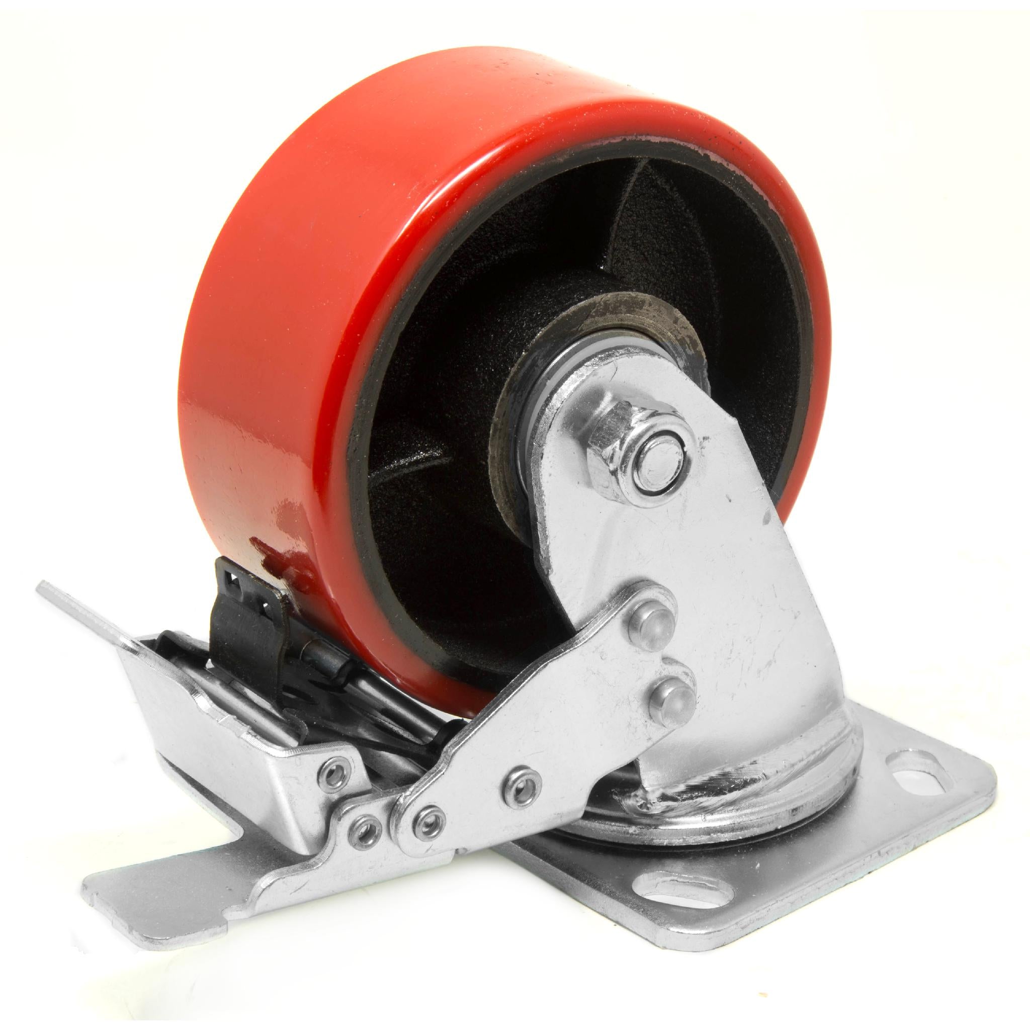 WEN CA7534B 4-Inch Heavy Duty Swivel Caster Wheels - 530 lb Capacity, Double Bearing, Cast Iron & Polyurethane Plate with Brake - Ideal for Industrial Equipment, Workbenches, and Heavy-Duty Carts