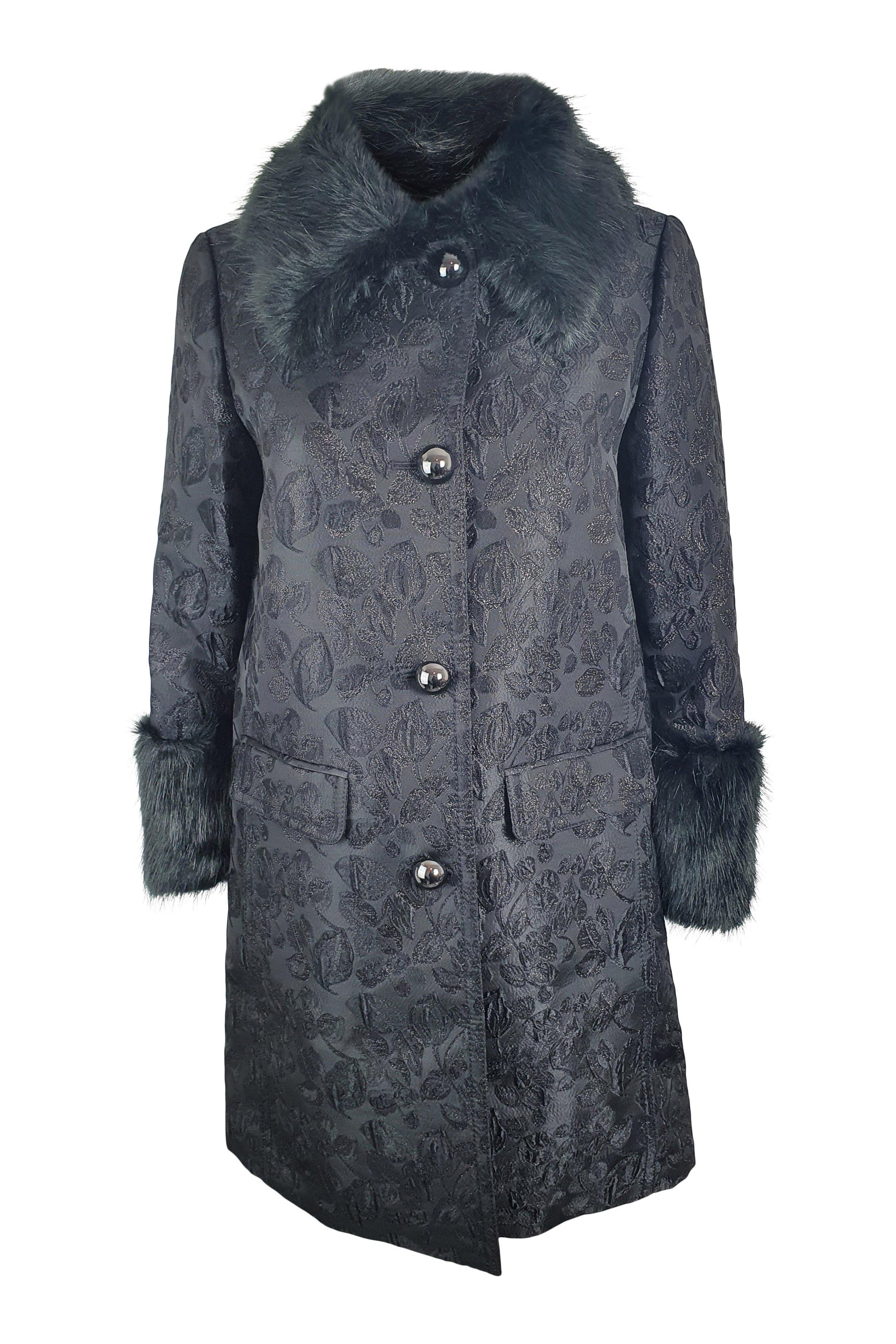 KATE SPADE Black Dashing Beauty Metallic Jacquard Faux Fur Trim Coat - Women's Winter Jacket (US 0 | UK 4) for Holiday Parties & Formal Events