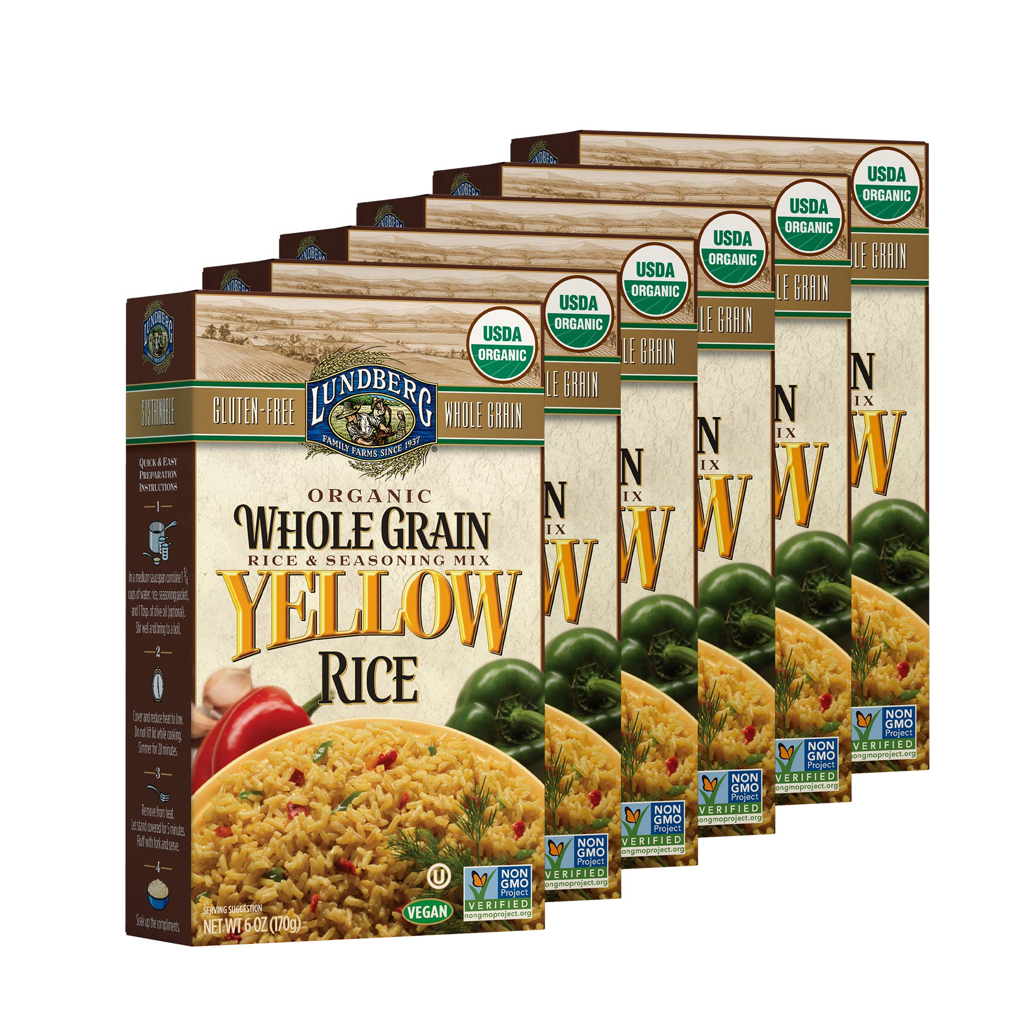 Organic Whole Grain Yellow Rice - Lundberg Family Farms | Savory Blend, Non-GMO, Gluten-Free, USDA Certified, Vegan & Kosher (6 oz, 6-Pack) - Perfect for Side Dishes, Meal Prep & Healthy Pantry Staples