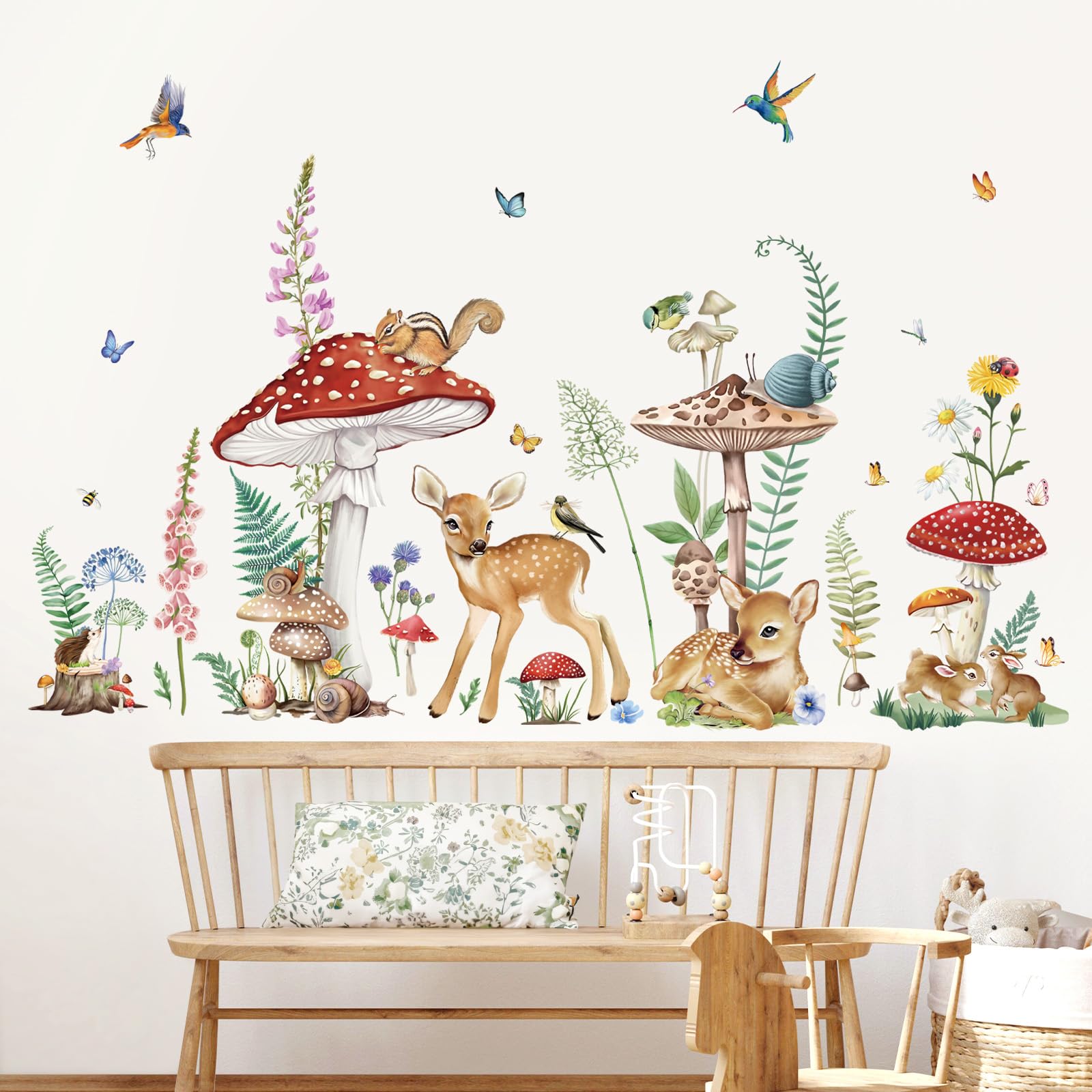Wondever Woodland Nursery Decor - Peel and Stick Animal Wall Stickers with Mushroom, Deer & Flower Designs for Kids Bedroom, Baby Room - Perfect for Nursery Themes, Children's Room Makeover & Home Decor