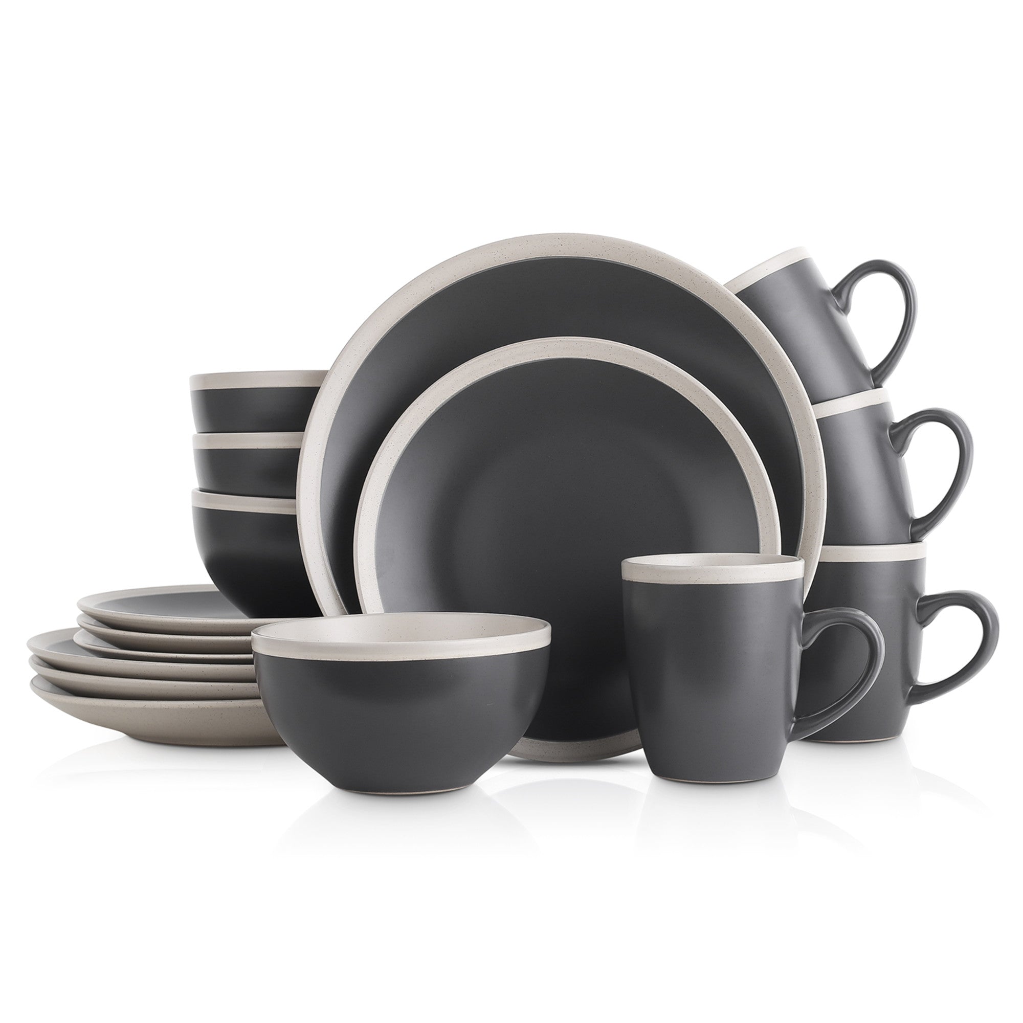 Premium Serenity Stoneware Dinnerware Set - Elegant Dark Gray & Cream Ceramic Plates & Bowls for Everyday Dining & Entertaining