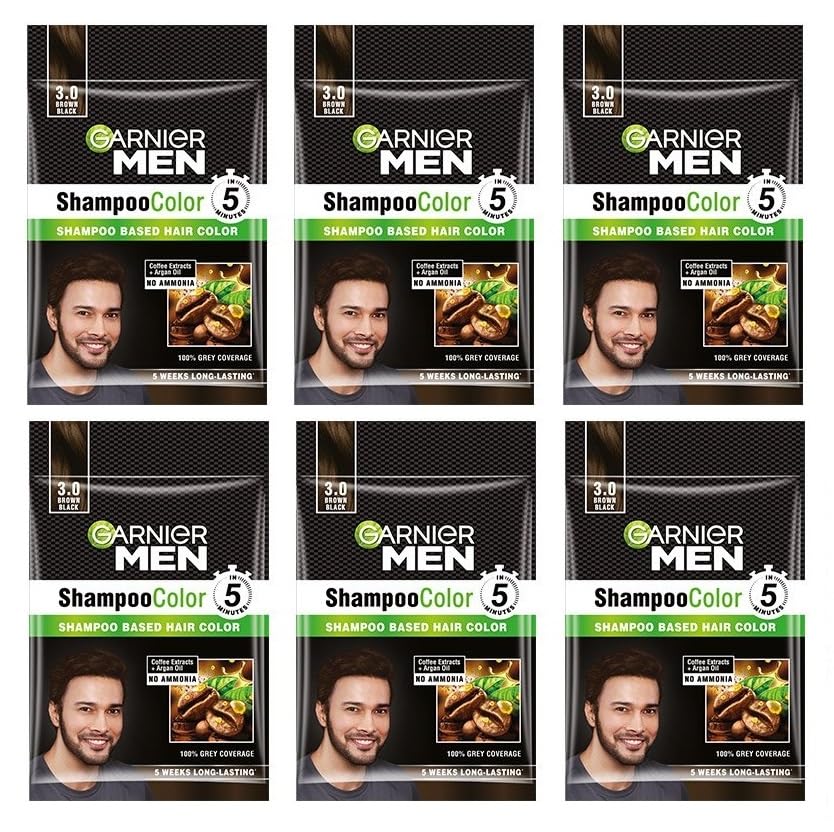 Garnier Men Shampoo Hair Color Shade 3.0 Brown Black - Pack of 6 | Permanent Hair Dye for Men | Covers Gray Hair | Easy Application at Home | Salon-Quality Results for Natural-Looking Color