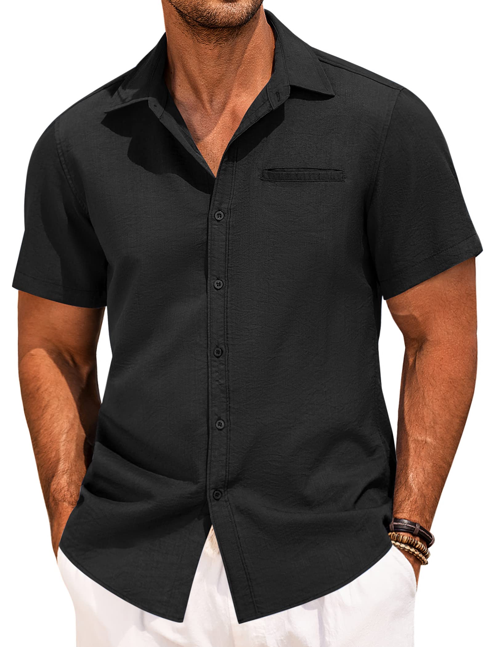 COOFANDY Men's Casual Linen Short Sleeve Button Down Shirt | Breathable Summer Hawaiian Beach Shirt for Vacation, Party & Outdoor Activities
