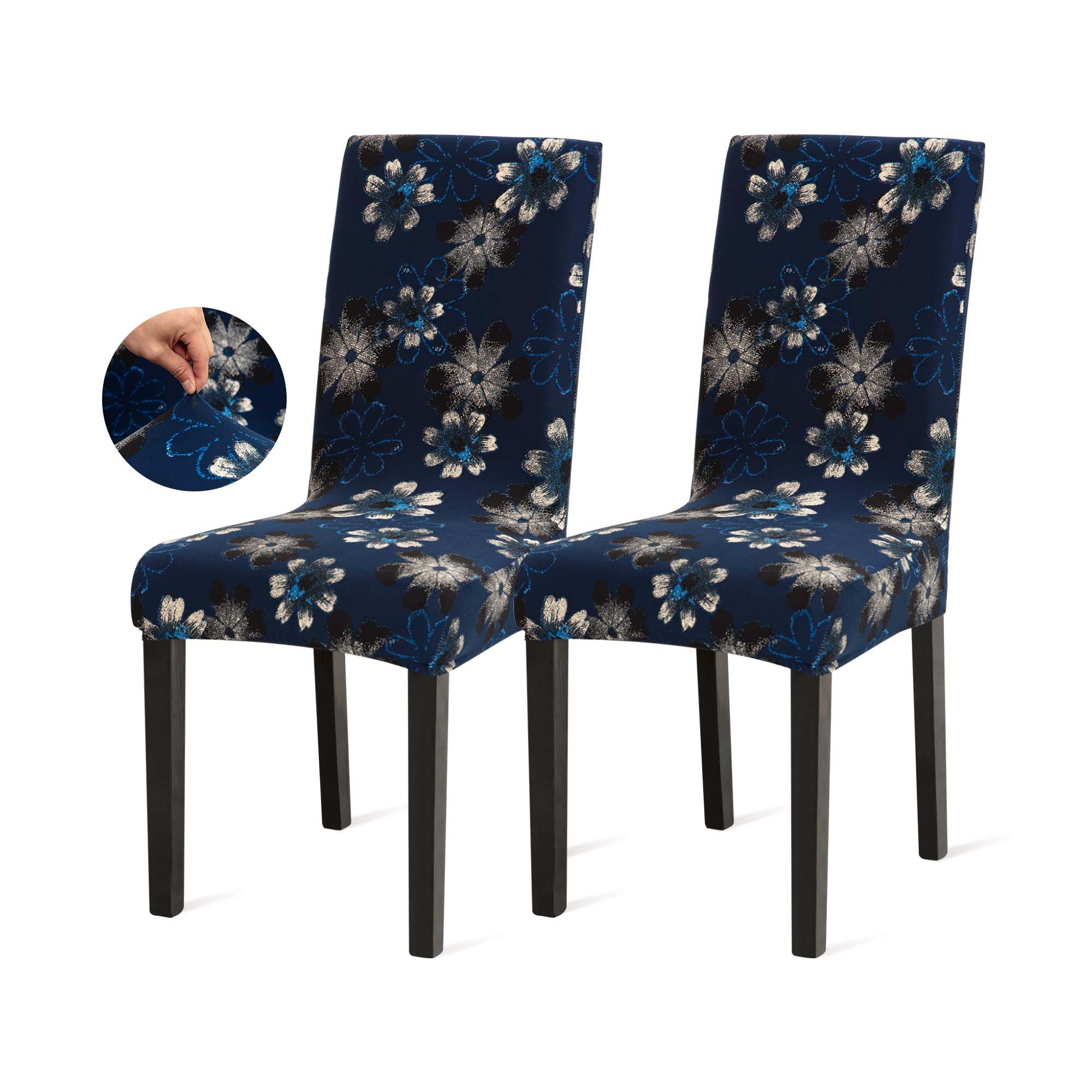 Stretch Spandex Dining Chair Covers Set of 2 - Dark Blue Floral Pattern Slipcovers for Parsons & Kitchen Chairs | Washable Chair Protectors for Dining Room, Restaurant, and Home Decor