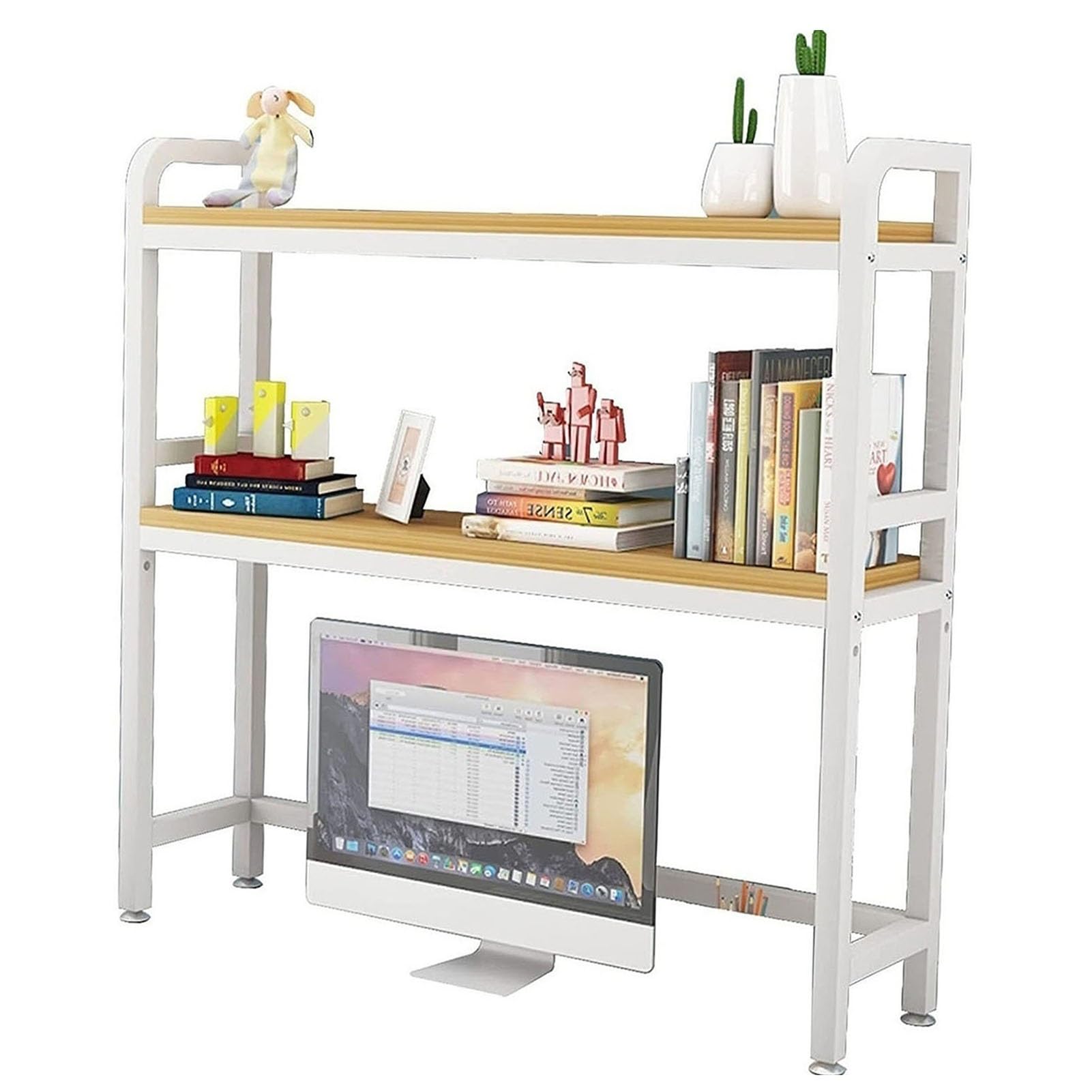 Adjustable Desk Organizer Shelf - 2-Tier Wood & Metal Computer Desk Bookcase, Open Countertop Display Storage Rack for Office & Home - Perfect for Organizing Books, Laptops, Office Supplies & Decor