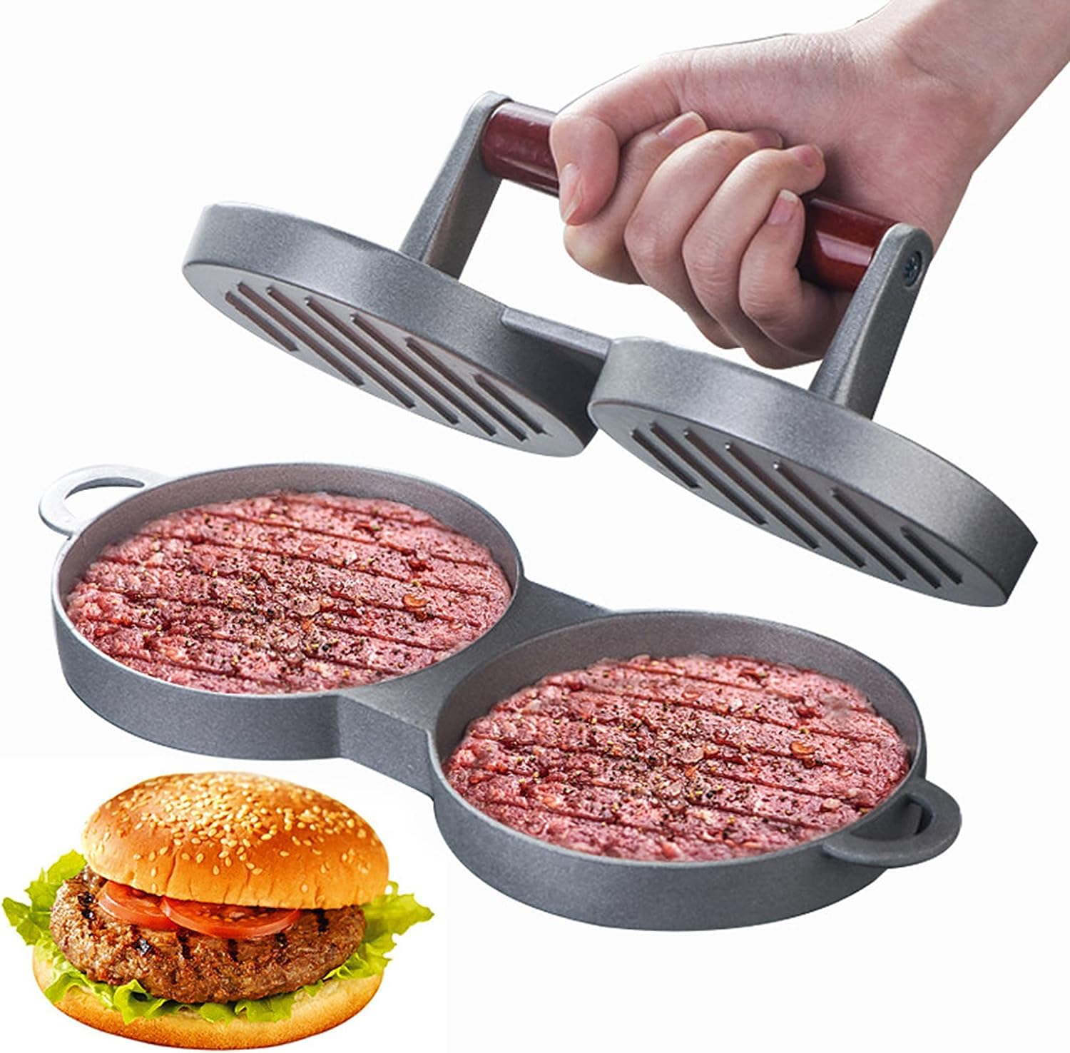 Premium GION Double Hamburger Press - Heavy Duty Stainless Steel Patty Maker for Perfect Round Burgers - Includes 1pc Patty Mold for Grilling, BBQ & Home Cooking - Ideal for Backyard Cookouts, Restaurant Use & Meal Prep