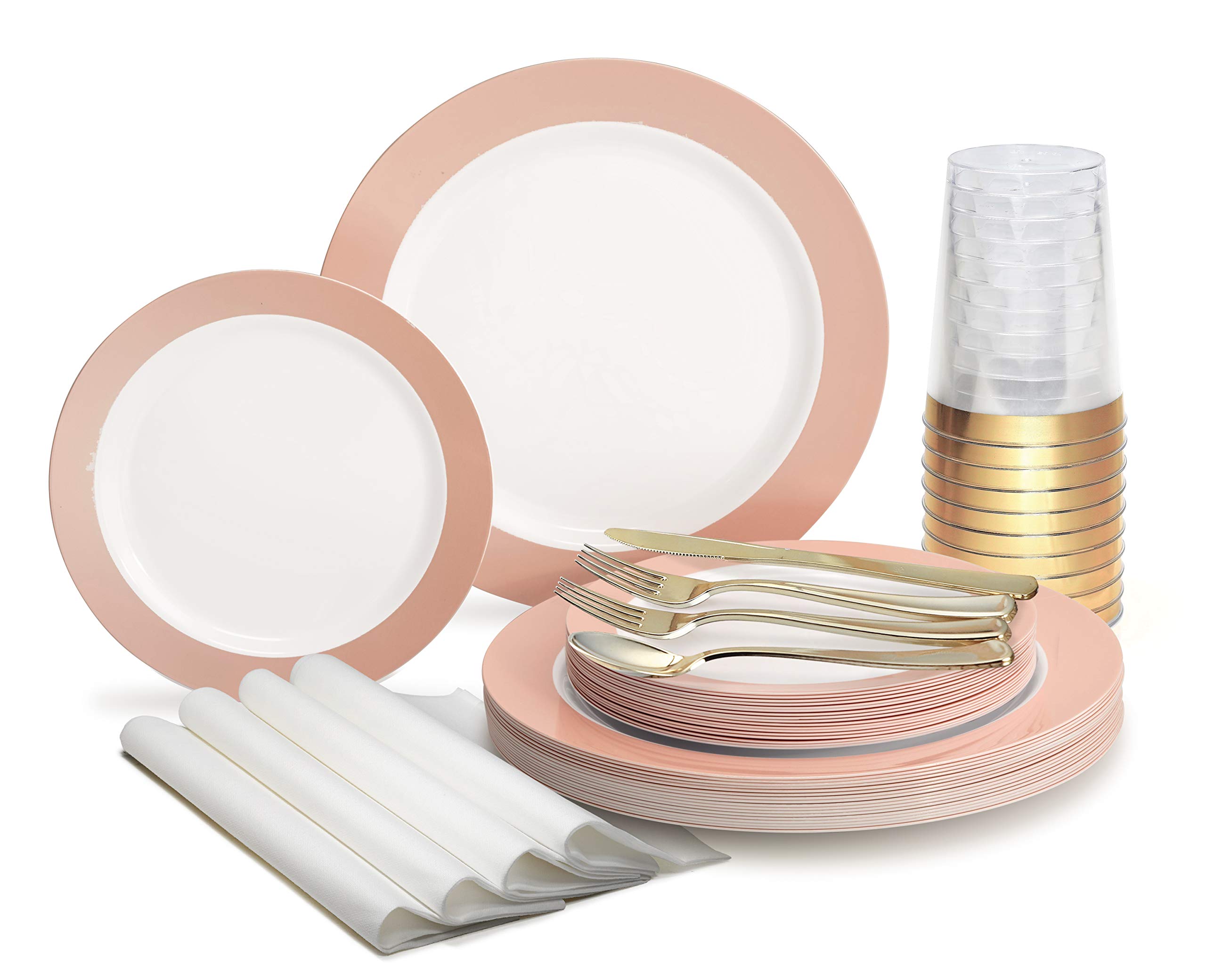 960-Piece Disposable Plastic Plate Set for 120 Guests - 10.5'' & 7.5'' Plates, Silverware, Cups & Napkins (White & Pearled Blush Pink) - Perfect for Weddings, Parties, and Large Gatherings