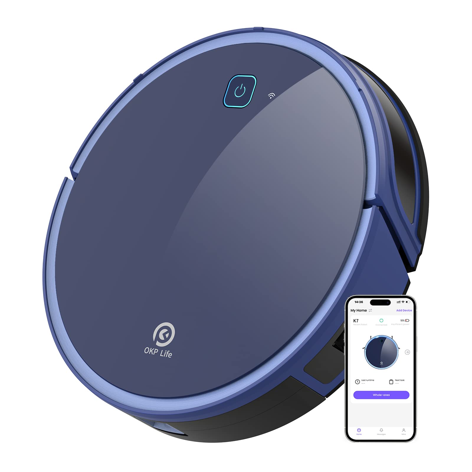 OKP K7 Robot Vacuum Cleaner with Strong Suction - 120 Min Runtime, 4 Cleaning Modes, Alexa/WiFi/APP Control - Smart Automatic Vacuum for Hardwood Floors & Low Pile Carpets - Perfect for Pet Hair, Daily Cleaning & Smart Home Integration