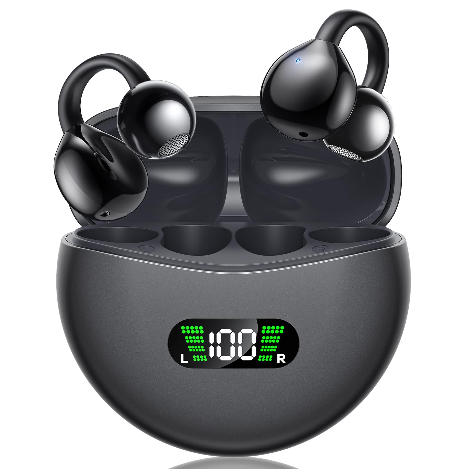 Open Ear Clip On Wireless Earbuds with LED Digital Display & Touch Control - Bluetooth 5.4 Air Conduction Sport Headphones for Running, Gym, Fitness | Sweatproof & Comfortable Design (Dark Grey) - Perfect for Jogging, Workouts & Outdoor Activities