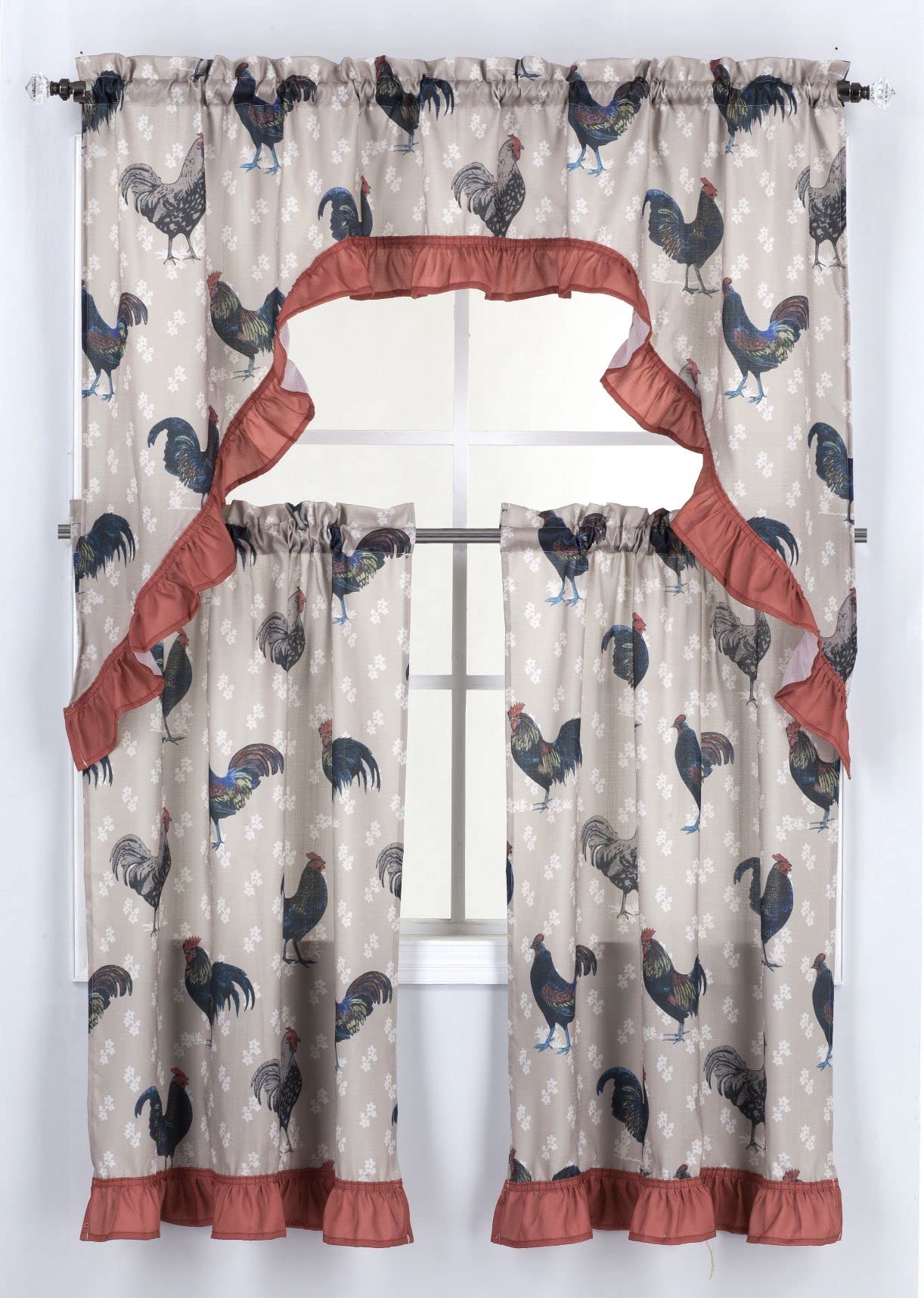 Regal Home Collections Rooster Print Kitchen Curtains 3-Piece Set - Farmhouse Style Half Window Panels & Valance (56