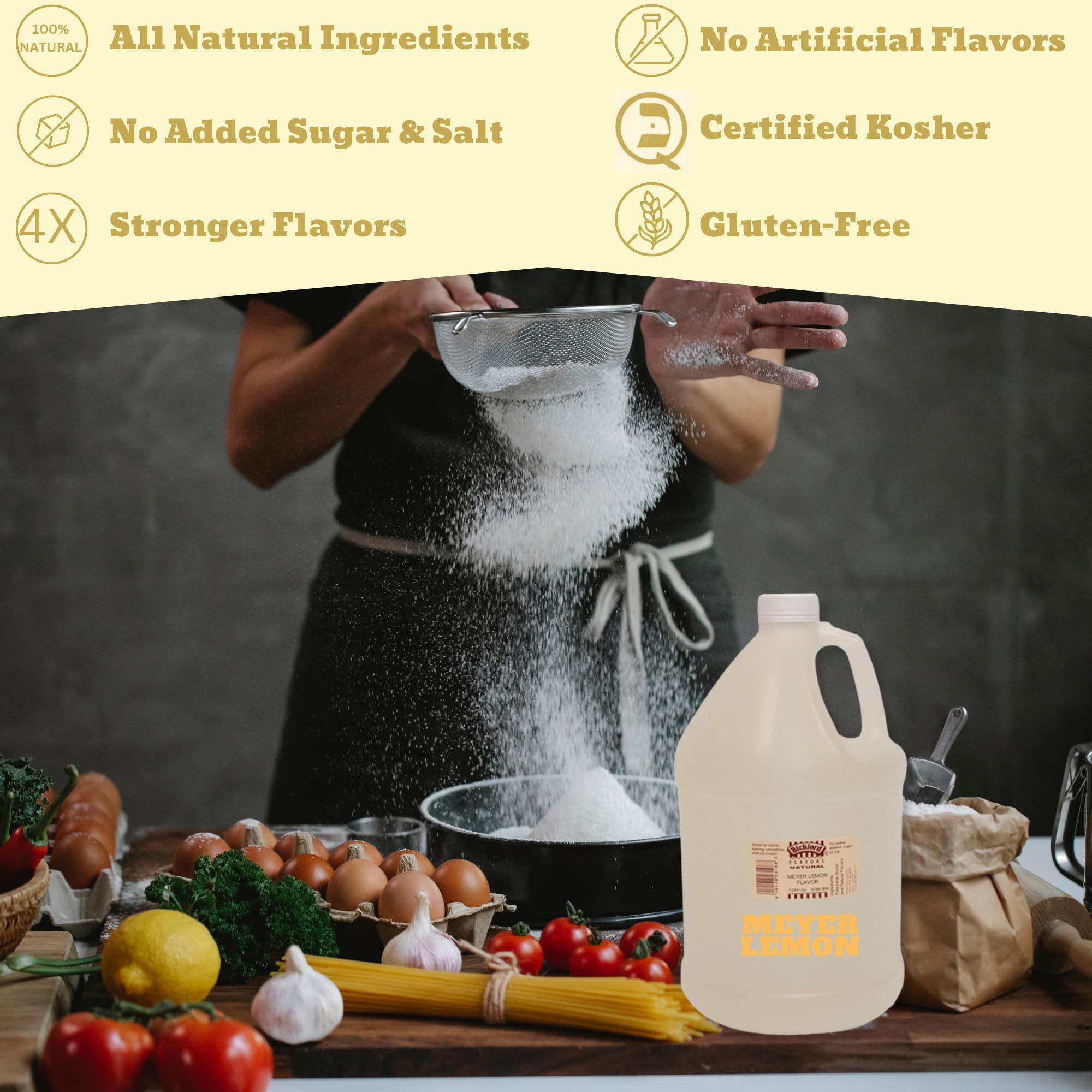 Bickford 4X Meyer Lemon Extract - Gluten Free, Kosher, Vegan, No Sugar Added - 1 Gallon Bulk for Baking, Cooking & Beverages - Perfect for Cakes, Cookies, Cocktails & Desserts