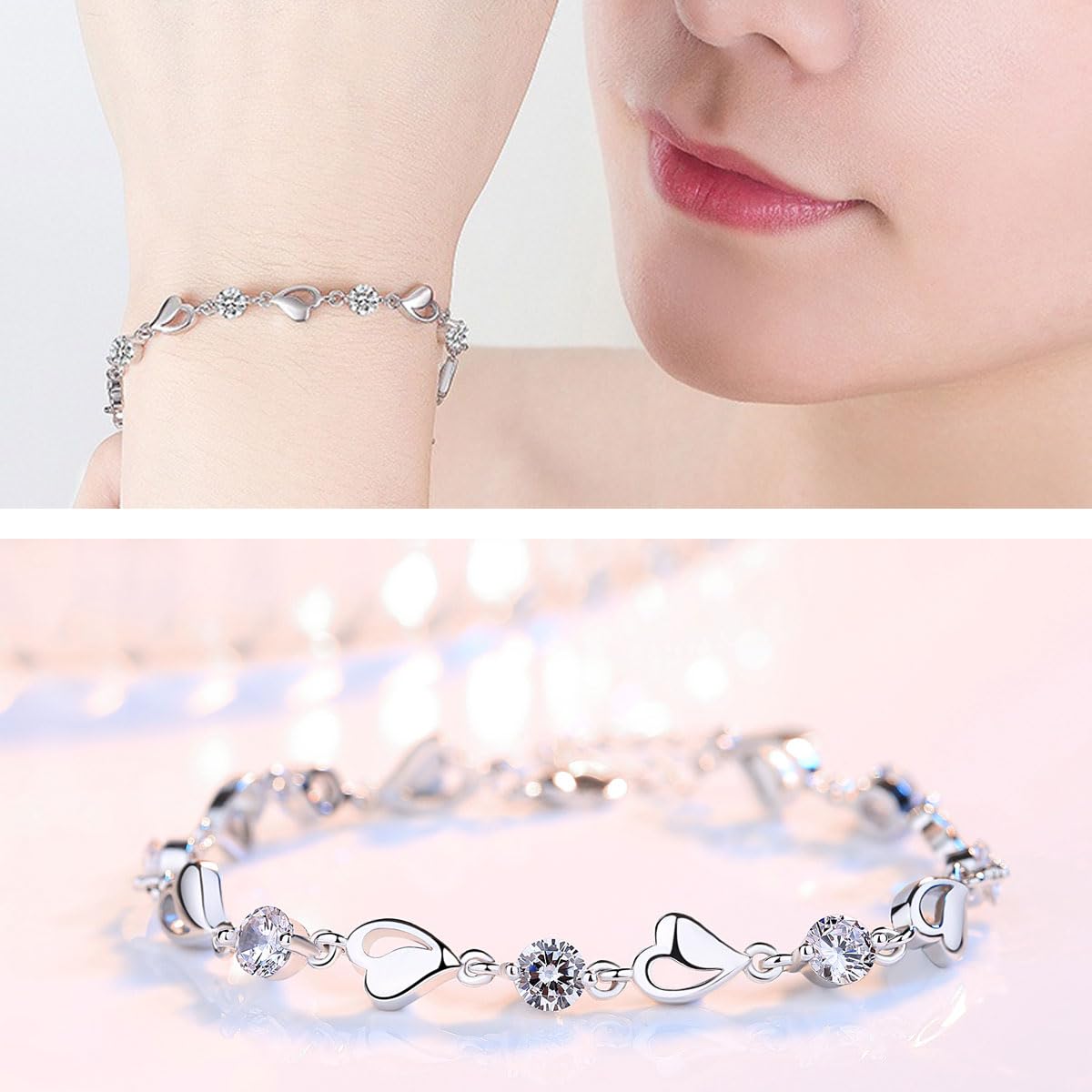 TQmate 925 Sterling Silver Heart Bracelet for Women - Adjustable Diamond Friendship Bracelet for Girls, Birthday Gift for Her, Perfect for Valentine's Day & Anniversary