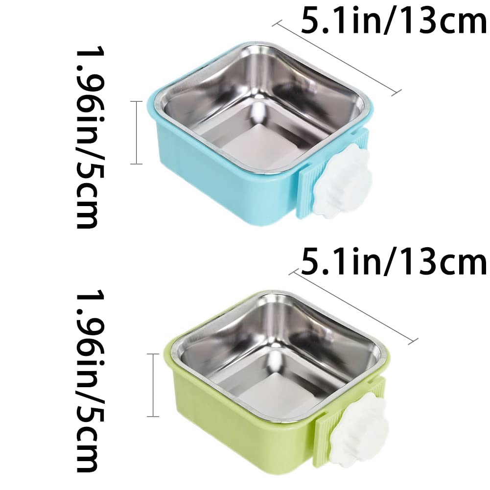Stainless Steel Crate Dog Bowl - Removable Pet Feeder for Crate & Cage - Food & Water Dish for Dogs, Cats, Puppies, Birds, Rabbits - Secure Bolt Holder - Large Square Bowl (Blue & Green) - Perfect for Travel, Kennels & Small Animal Care