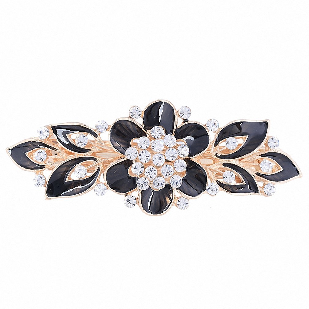 Giwotu Women's Barrettes - Colorful Enamel Flower Hair Clips with Crystal Rhinestones | Fashion Hair Accessories for Women & Girls | Perfect for Weddings, Parties & Daily Styling (Black)