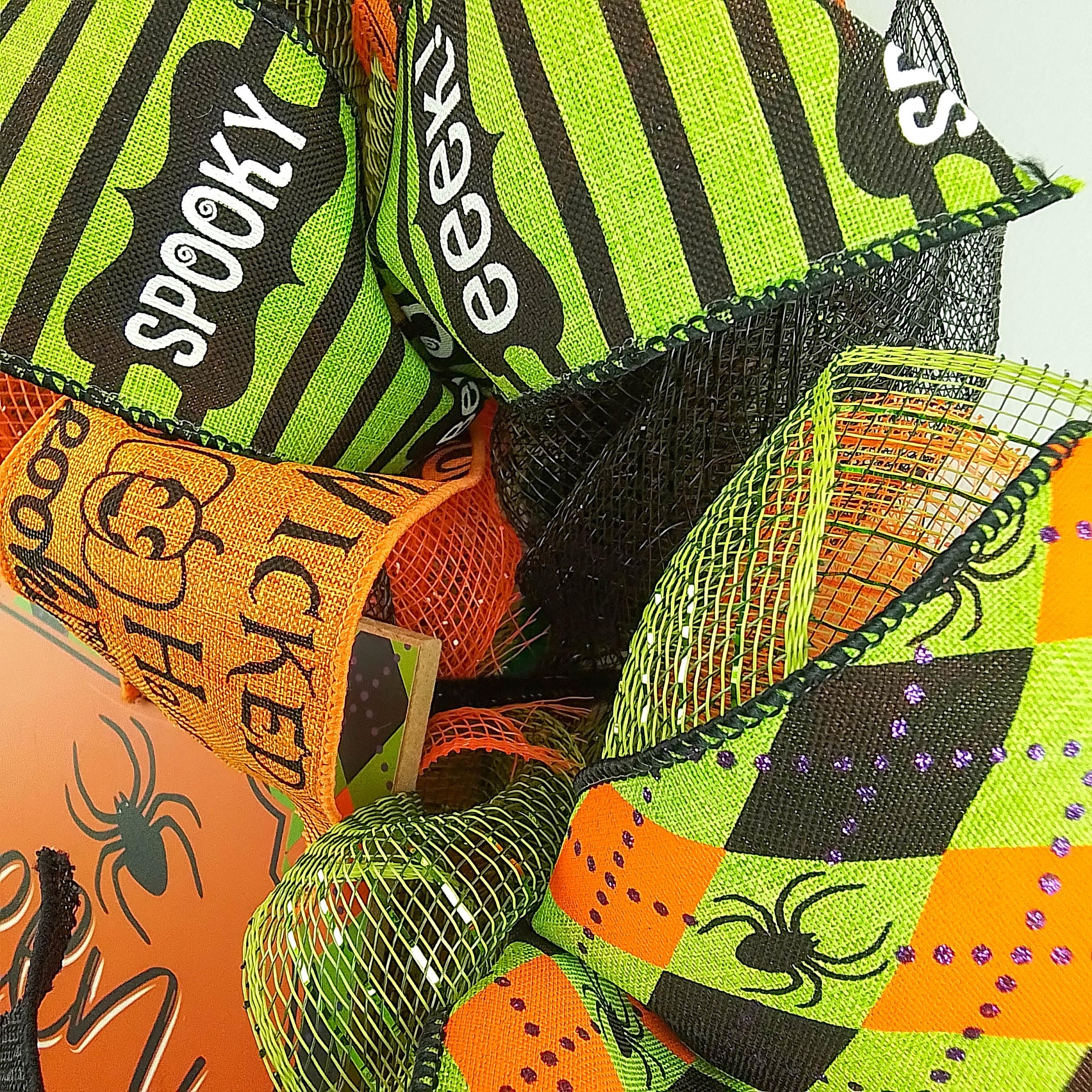 Happy Halloween Wreaths - Mesh Outdoor Front Door Decor in Black, Orange, Purple & Lime Green | Spooky Fall Porch Decoration for Home & Party